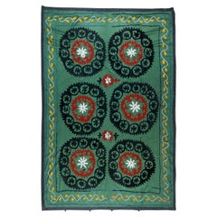 5.8x7.7 Ft Vintage Silk Embroidery Bedspread, Uzbek Suzani Tablecloth in Green