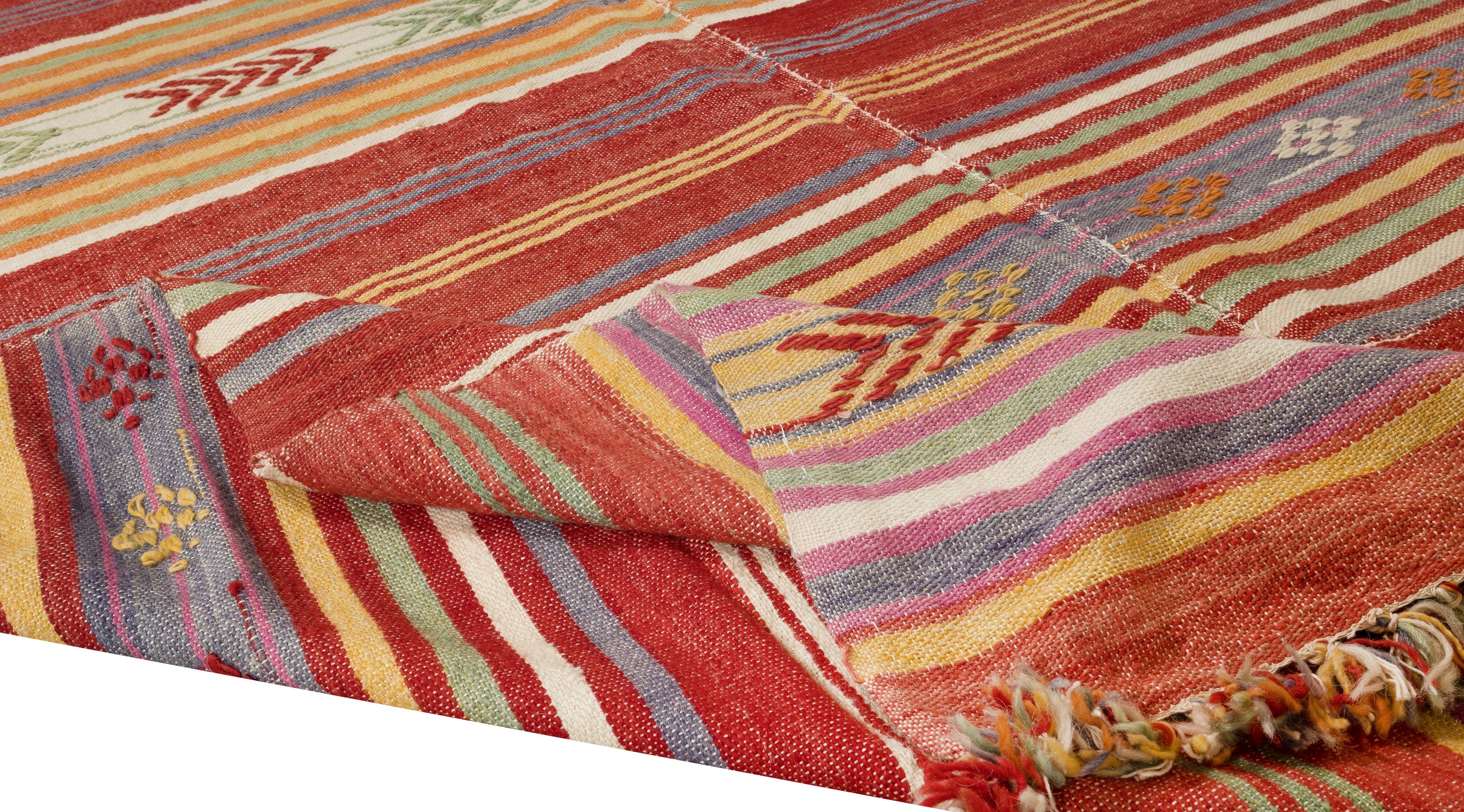 Turkish 5.8x7.8 Ft Handmade Vintage Anatolian Striped Kilim Rug, 100% Wool, Reversible For Sale