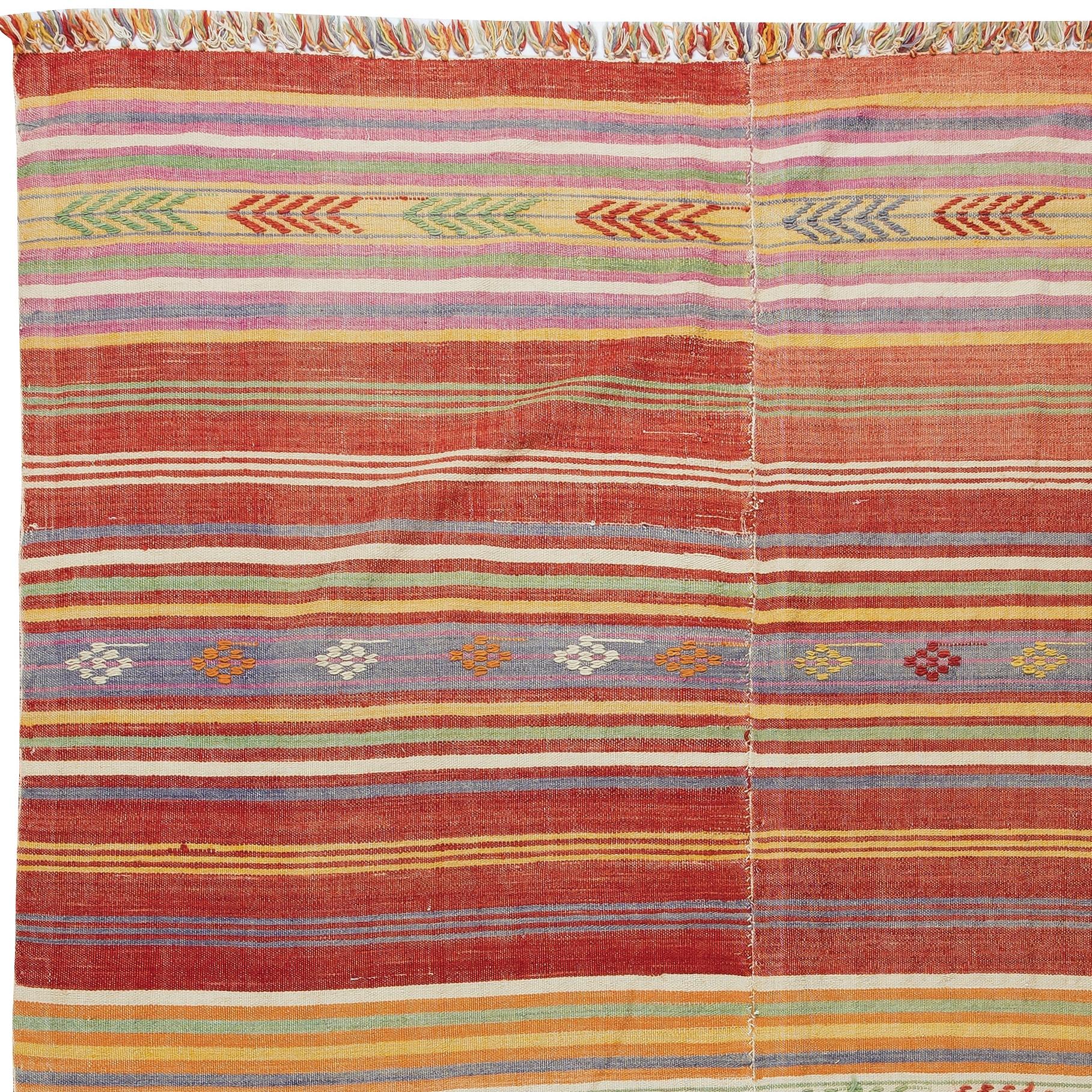 Hand-Woven 5.8x7.8 Ft Handmade Vintage Anatolian Striped Kilim Rug, 100% Wool, Reversible For Sale