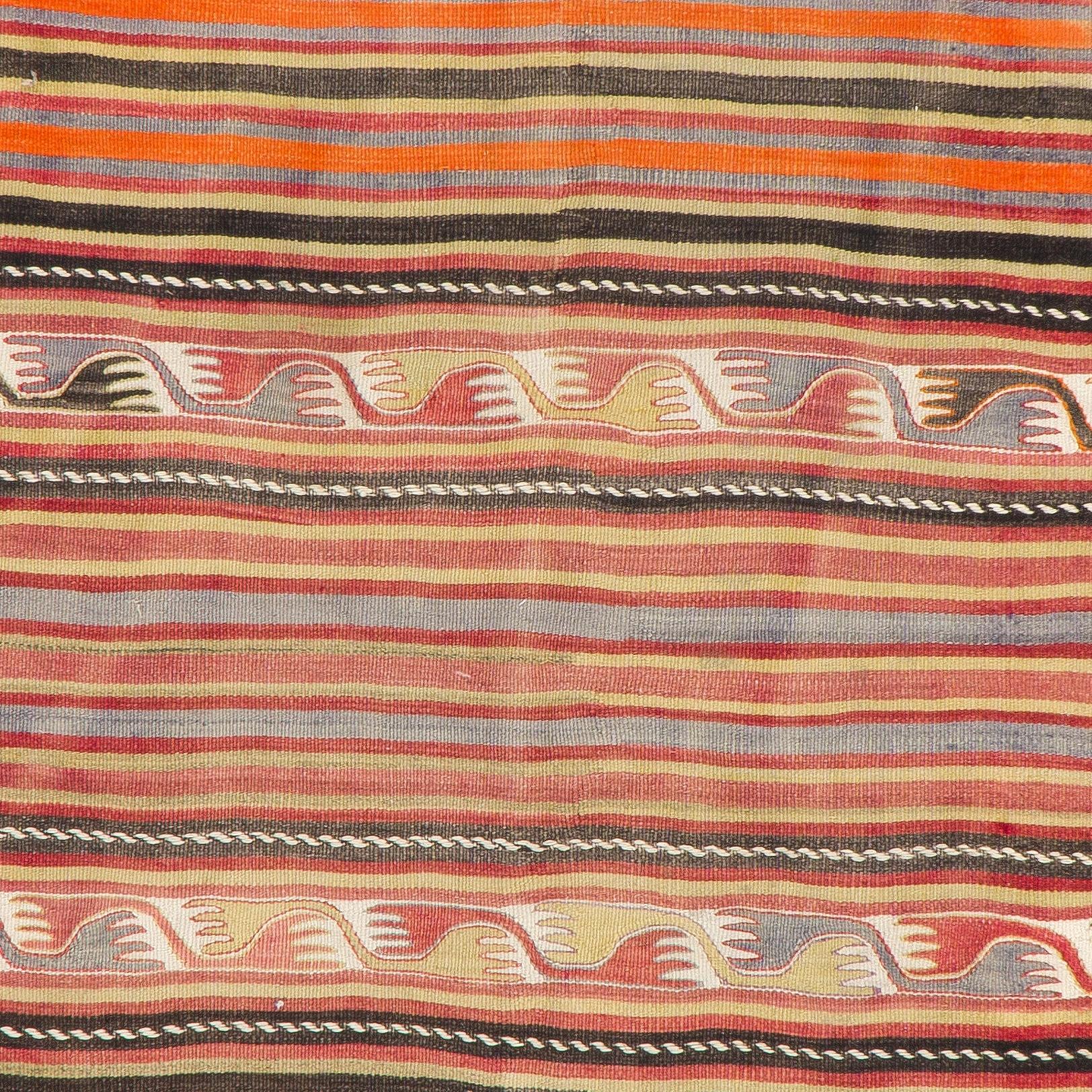 Hand-Woven 5.8x7.8 Ft Vintage Striped Pattern Turkish Kilim Rug. Flat-Weave Wool Carpet For Sale