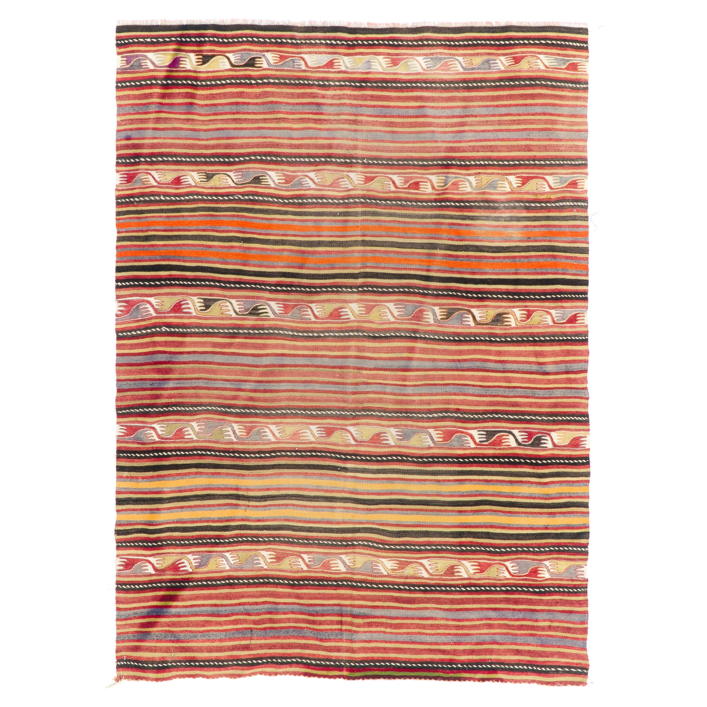 5.8x7.8 Ft Vintage gestreiftes Muster türkischer Kelim-Teppich. Flachgewebe-Wollteppich