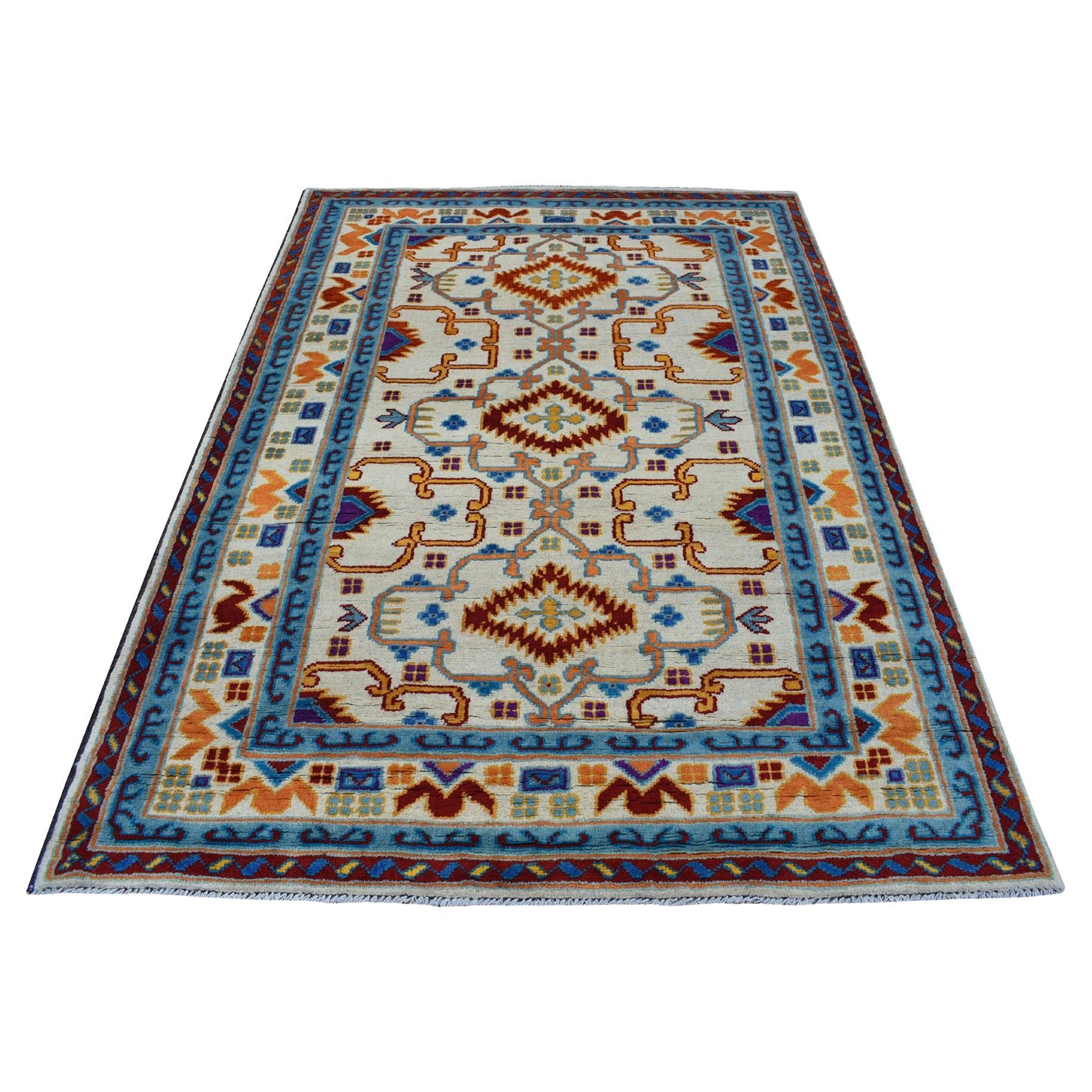 5
8"x7
8" Ivory Colorful Afghan Baluch Hand Knotted Tribal Design Pure Wool Rug For Sale
