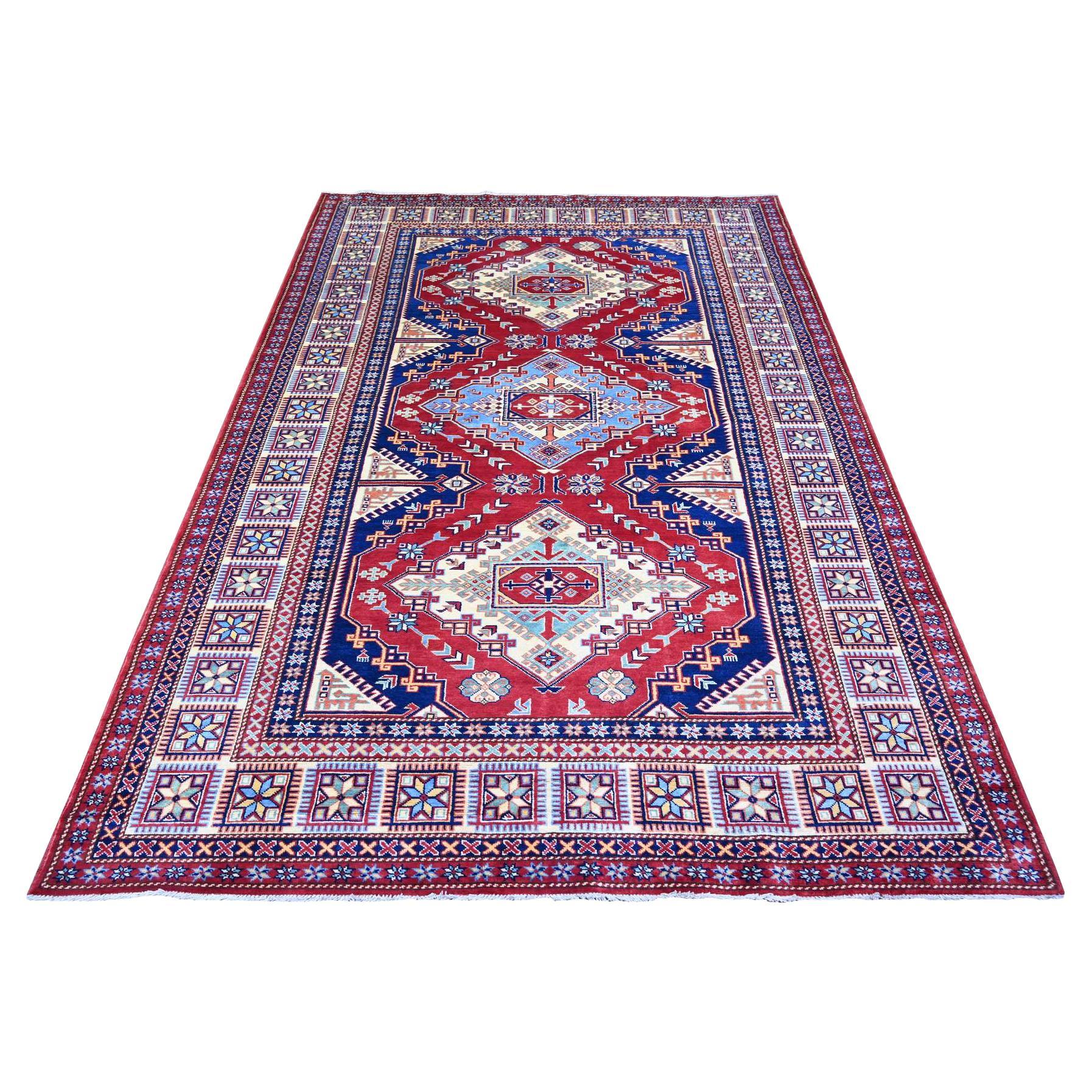 5'8"x8'1" Scarlet Red Shirvan Weave Afghan Super Kazak Wool Hand Knotted Rug For Sale