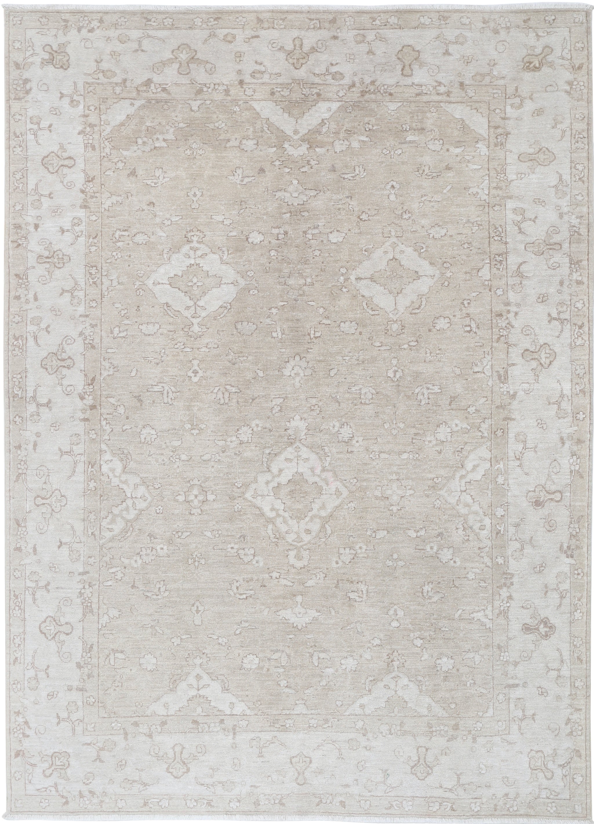 5.8x8.2 ft Hand Knotted Beige Turkish Area Rug with Floral Design. 100% Wool