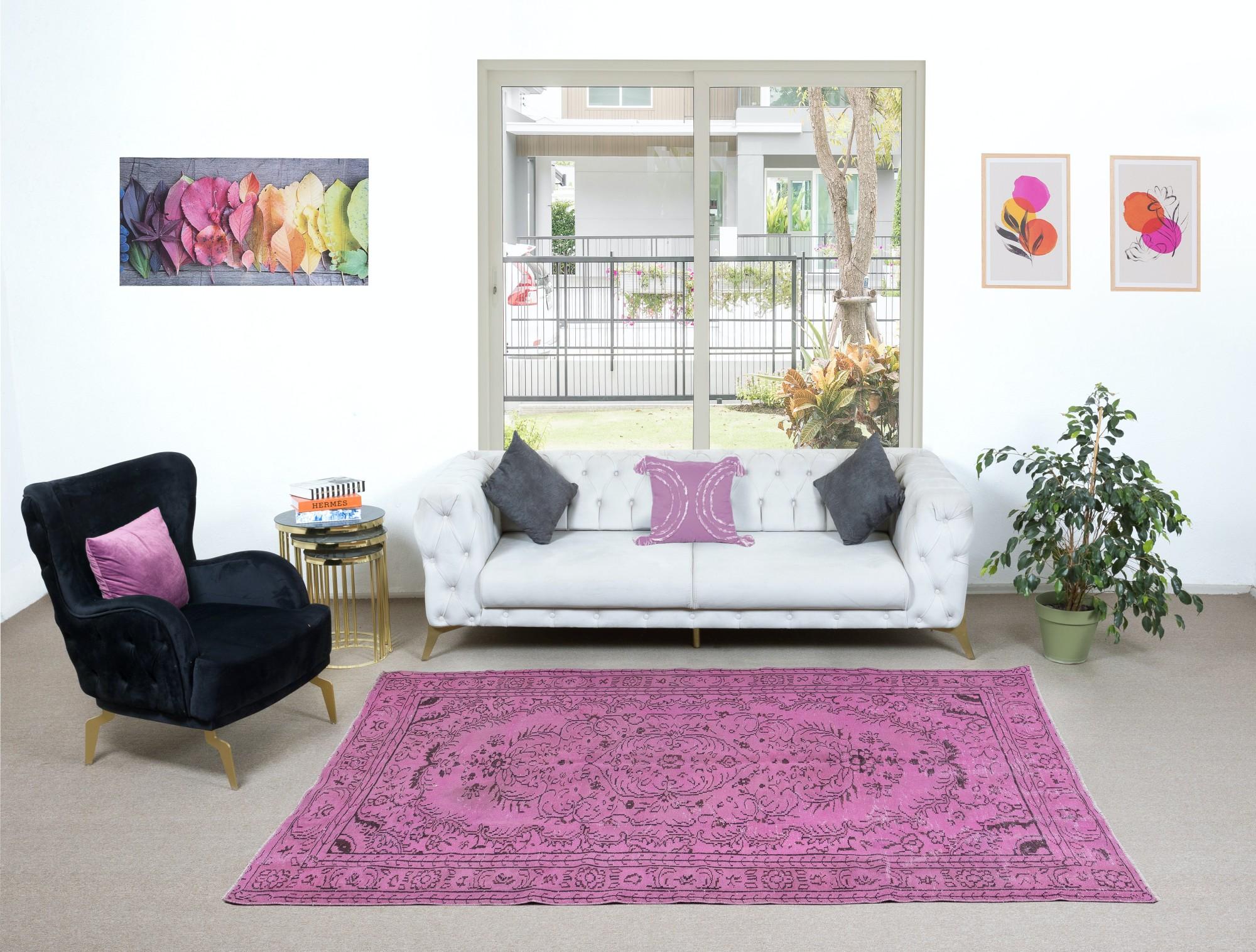 5.8x8.6 Ft Contemporary Turkish Pink Rug, Handmade Wool Living Room Carpet In Good Condition In Philadelphia, PA