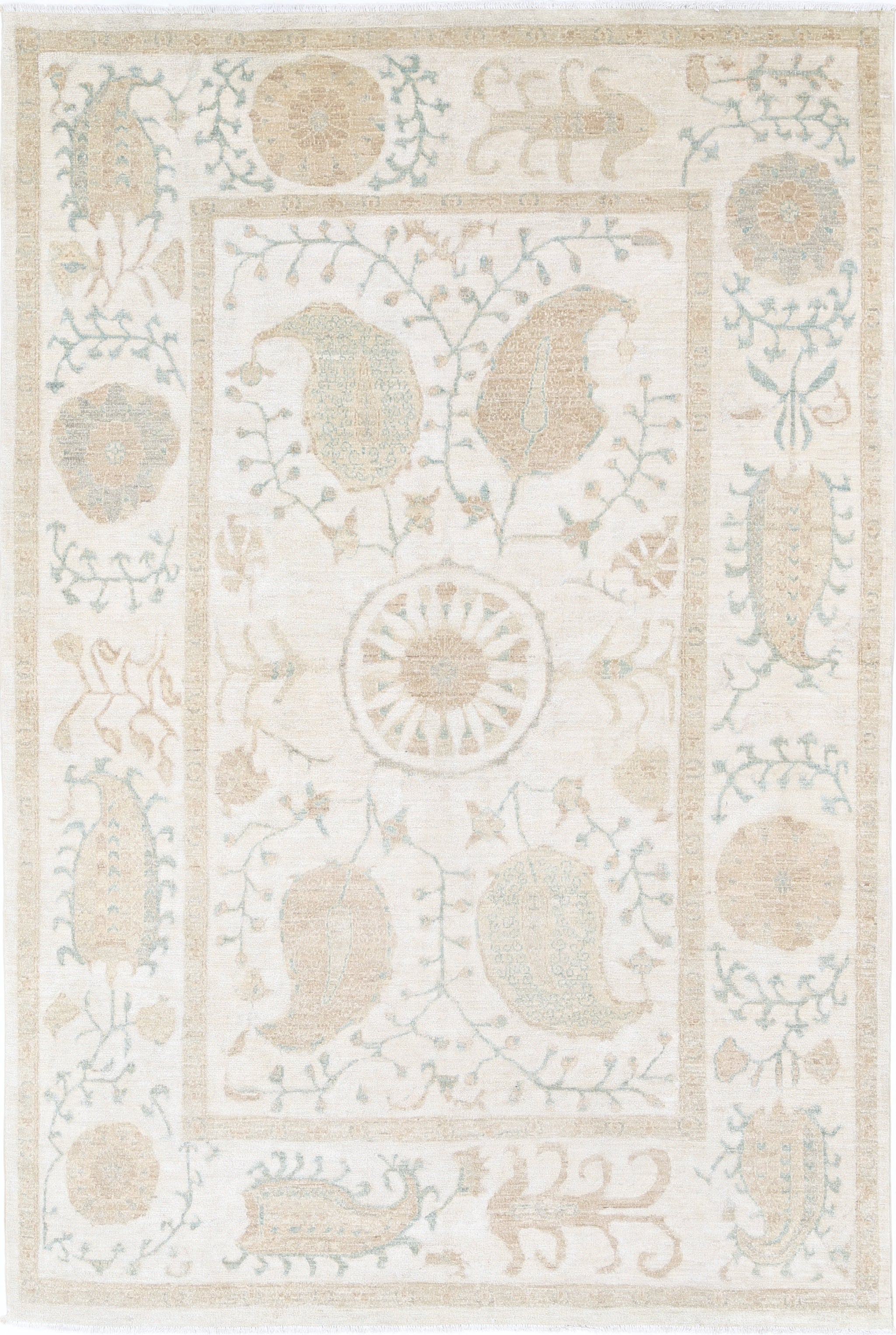 5.8x8.6 ft Handknotted Beige, Light Blue Wool Area Rug. Turkish Botanical Carpet