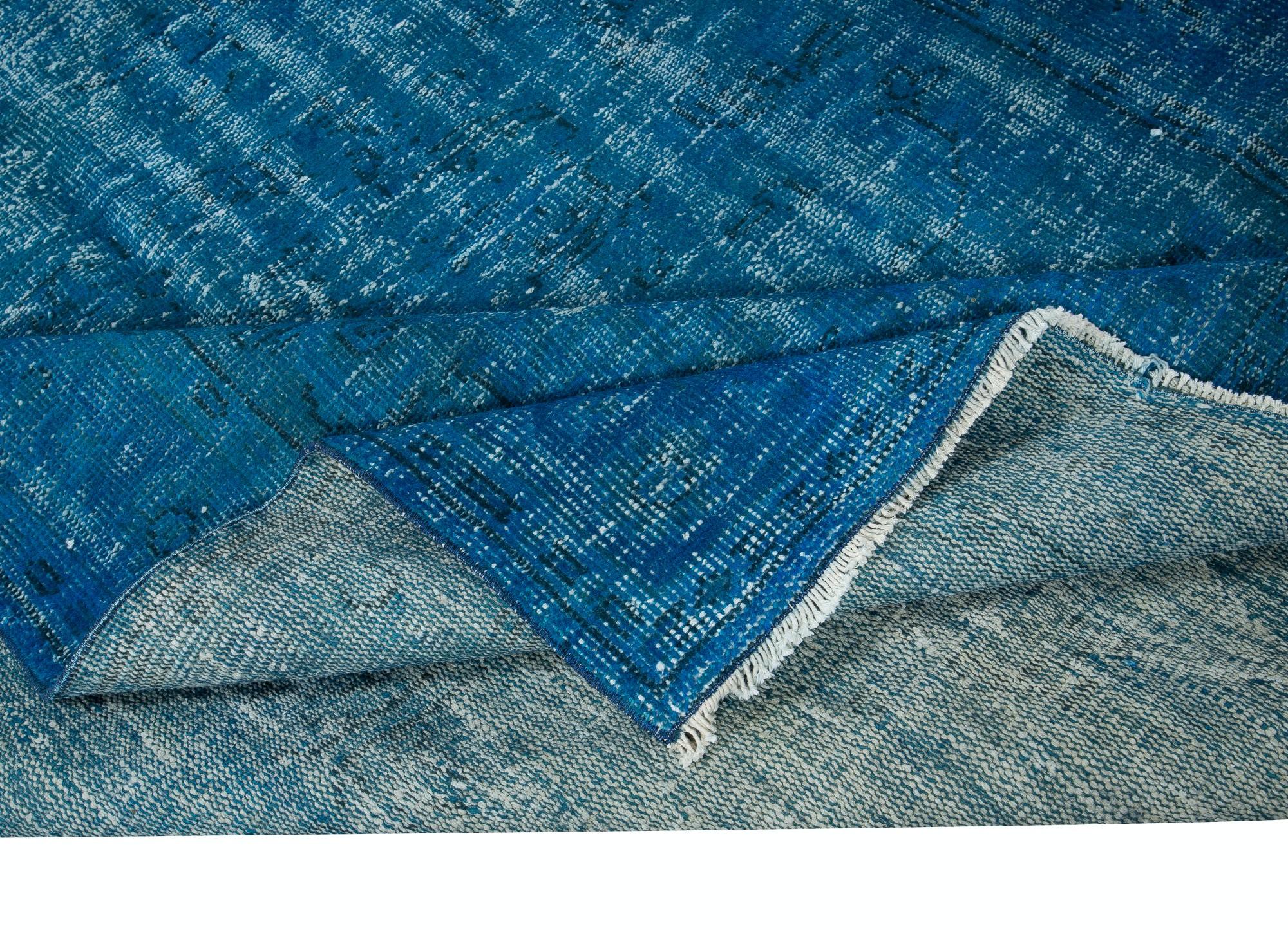 Hand-Woven 5.8x8.6 Ft Overdyed Blue Area Rug, Handmade in Turkey, Modern Upcycled Carpet For Sale