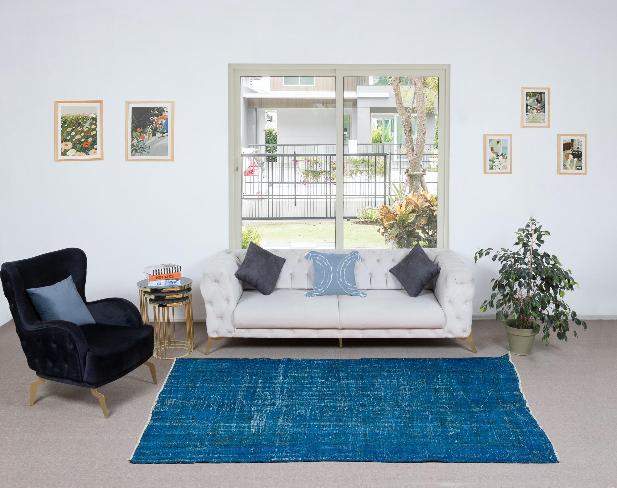 5.8x8.6 Ft Overdyed Blauer Teppich, handgefertigt in der Türkei, moderner upcycelter Teppich (Handgeknüpft) im Angebot