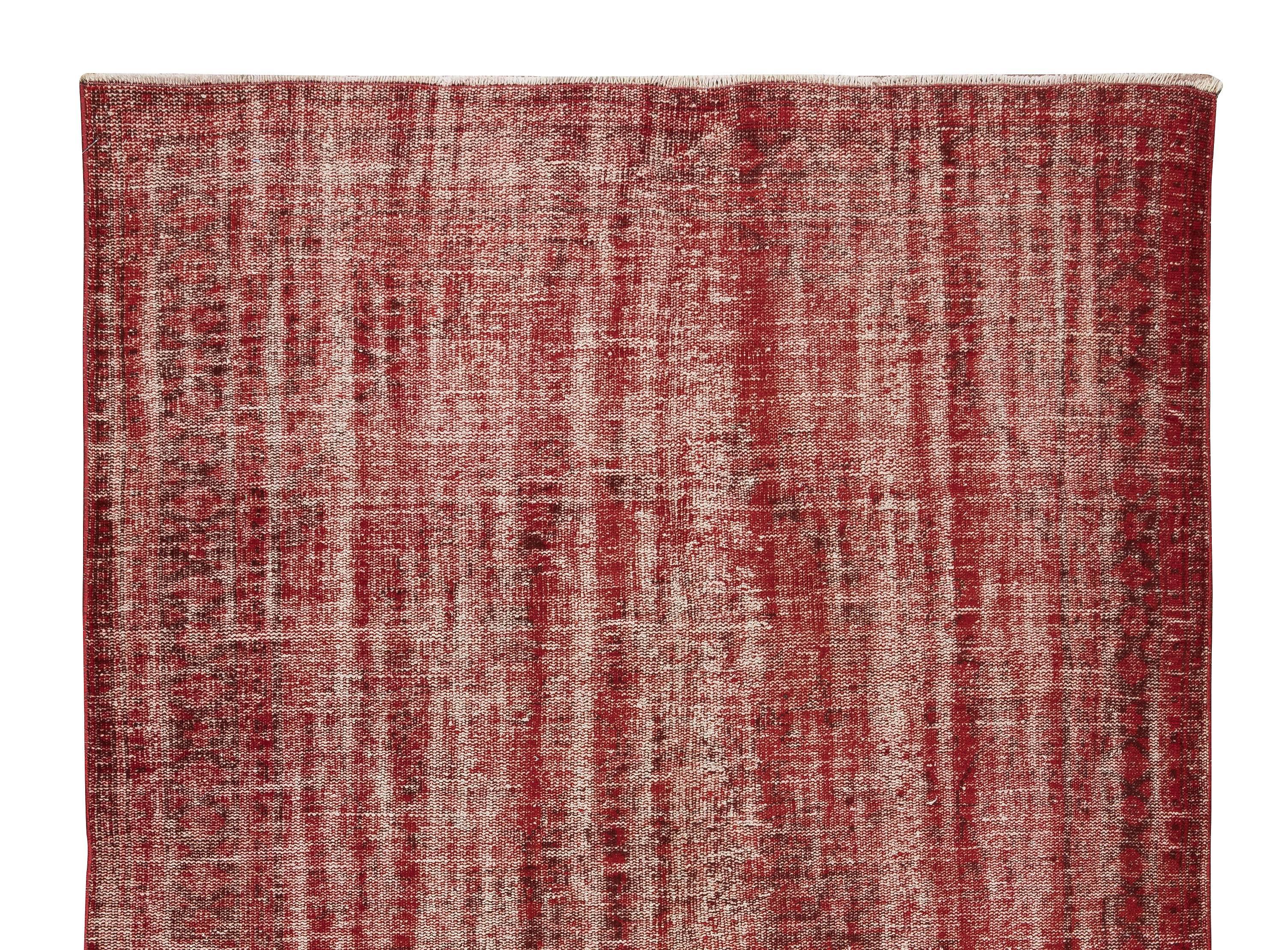Hand-Knotted 5.8x8.7 Ft Distressed Handmade Turkish Vintage Area Rug, Red Wool Carpet For Sale