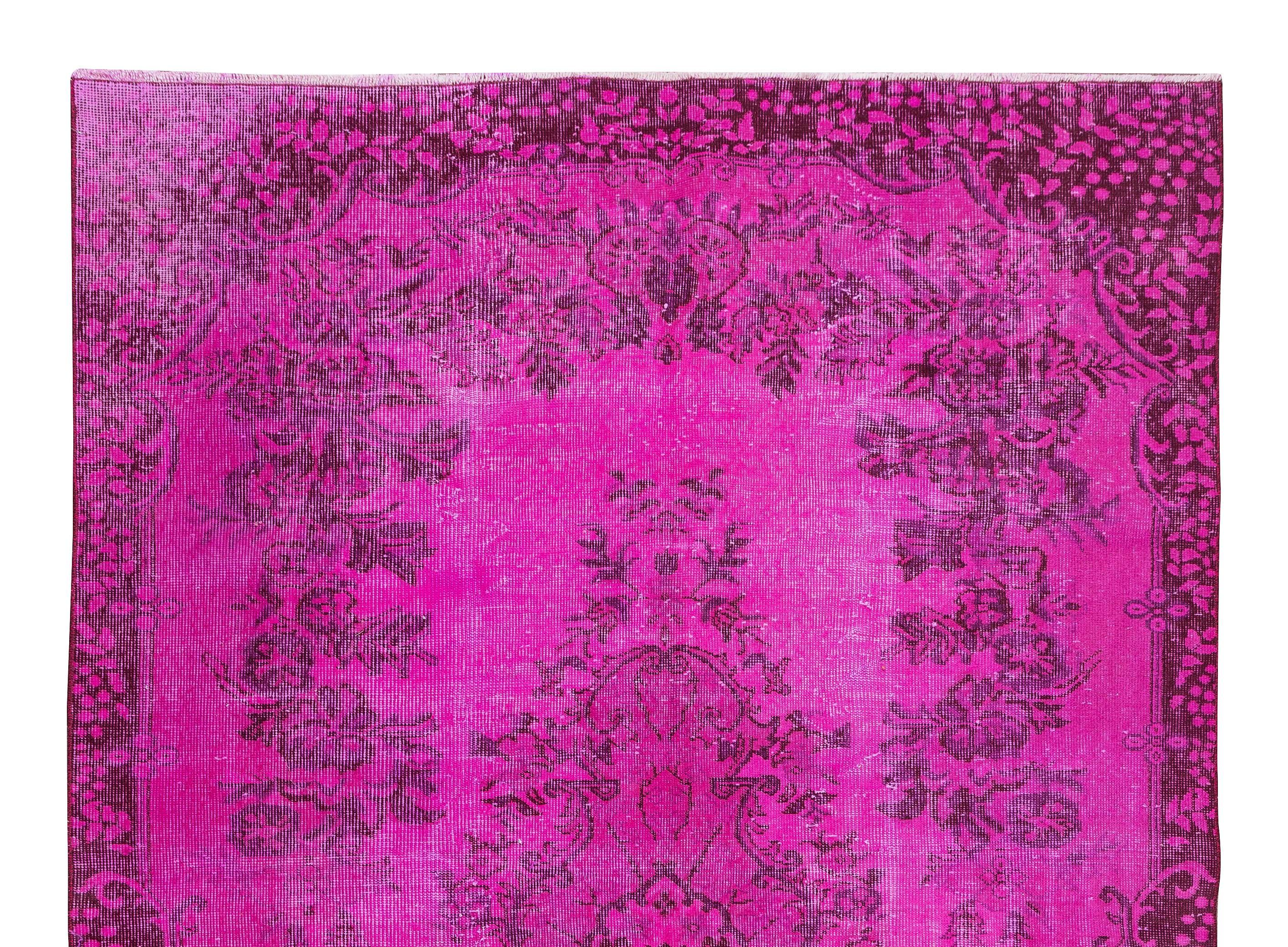 Hand-Knotted 5.8x8.7 Ft Vintage Rug OverDyed in Pink for Modern Interiors, Handmade in Turkey For Sale