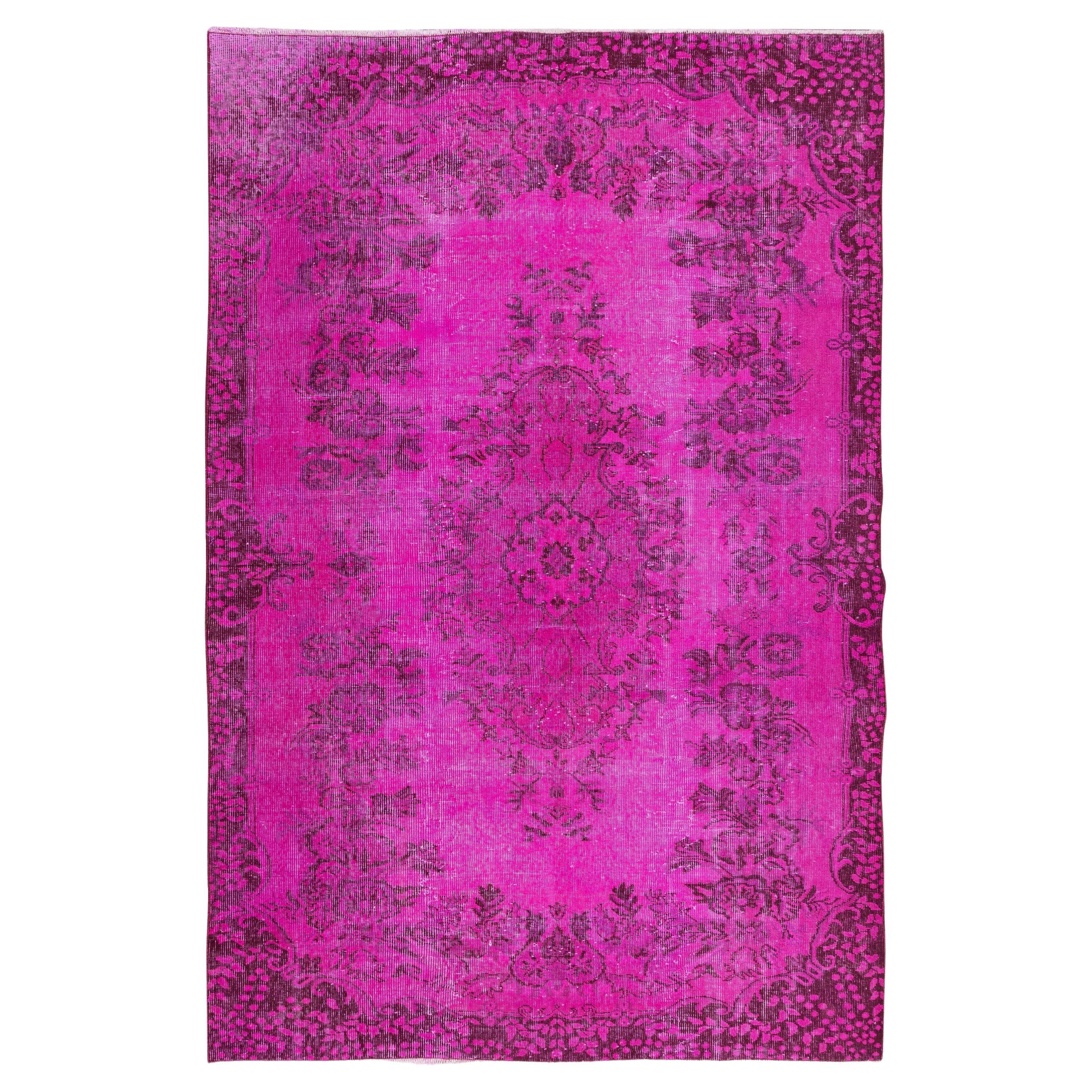 5.8x8.7 Ft Vintage Rug OverDyed in Pink for Modern Interiors, Handmade in Turkey For Sale