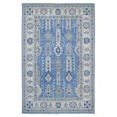 5'8"x9' Blue Vintage Look Kazak with Geometric Design Wool Hand Knotted Rug