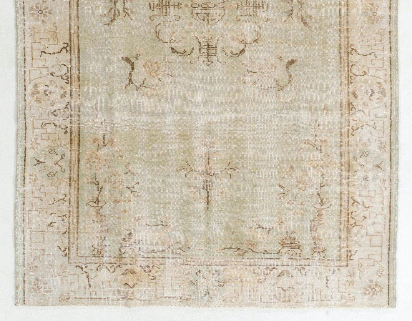 Turkish 5.8x9 ft Art Deco Chinese Inspired Vintage Handmade Rug in Faded Light Green For Sale