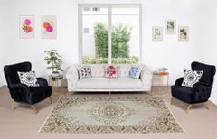 5.8x9 Ft Old Handmade Turkish Wool Area Rug in Mint Green, Beige, Brown & Mauve