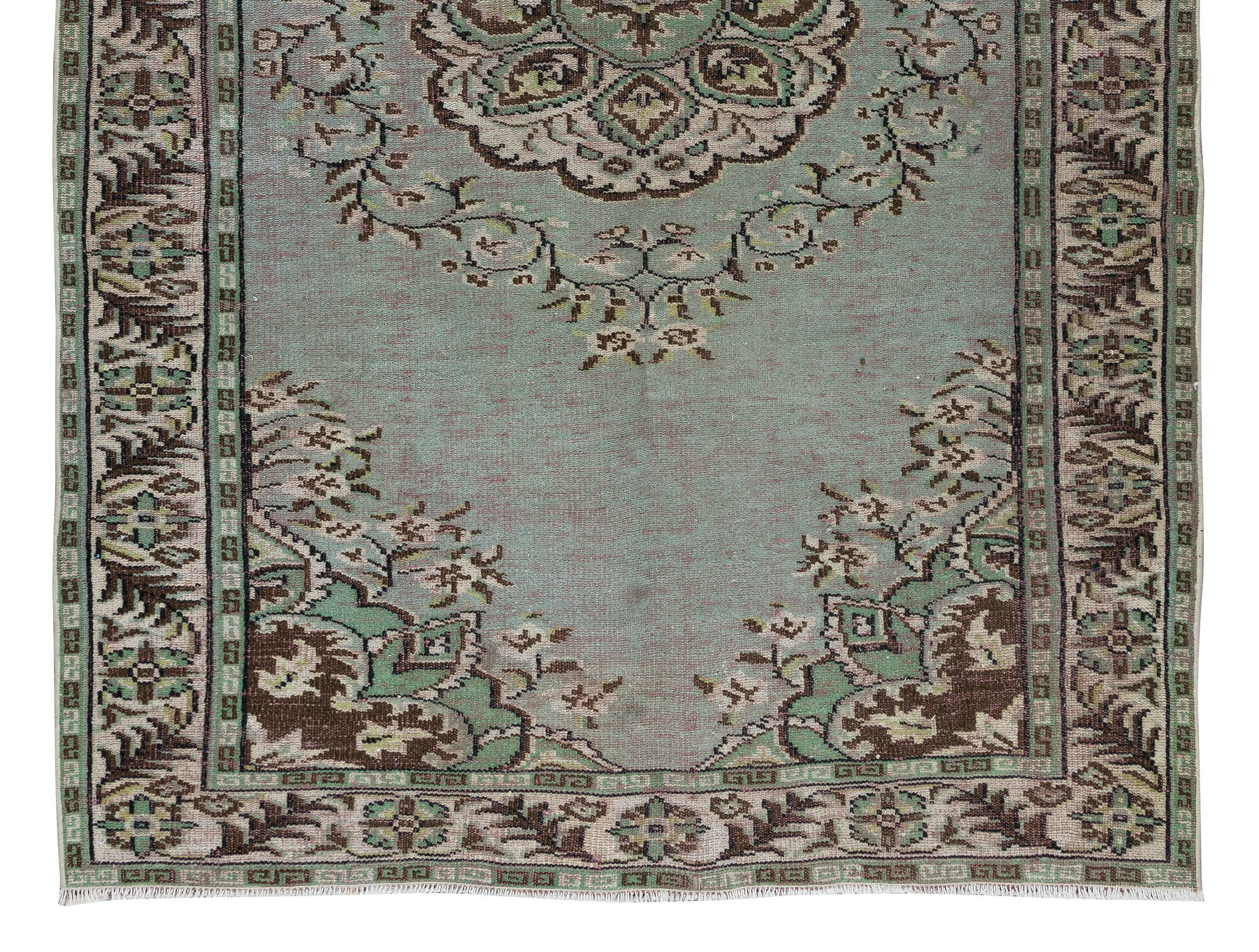 5.8x9 Ft Light Green Re-Dyed Turkish Hand Knotted Rug for Living Room In Good Condition For Sale In Philadelphia, PA