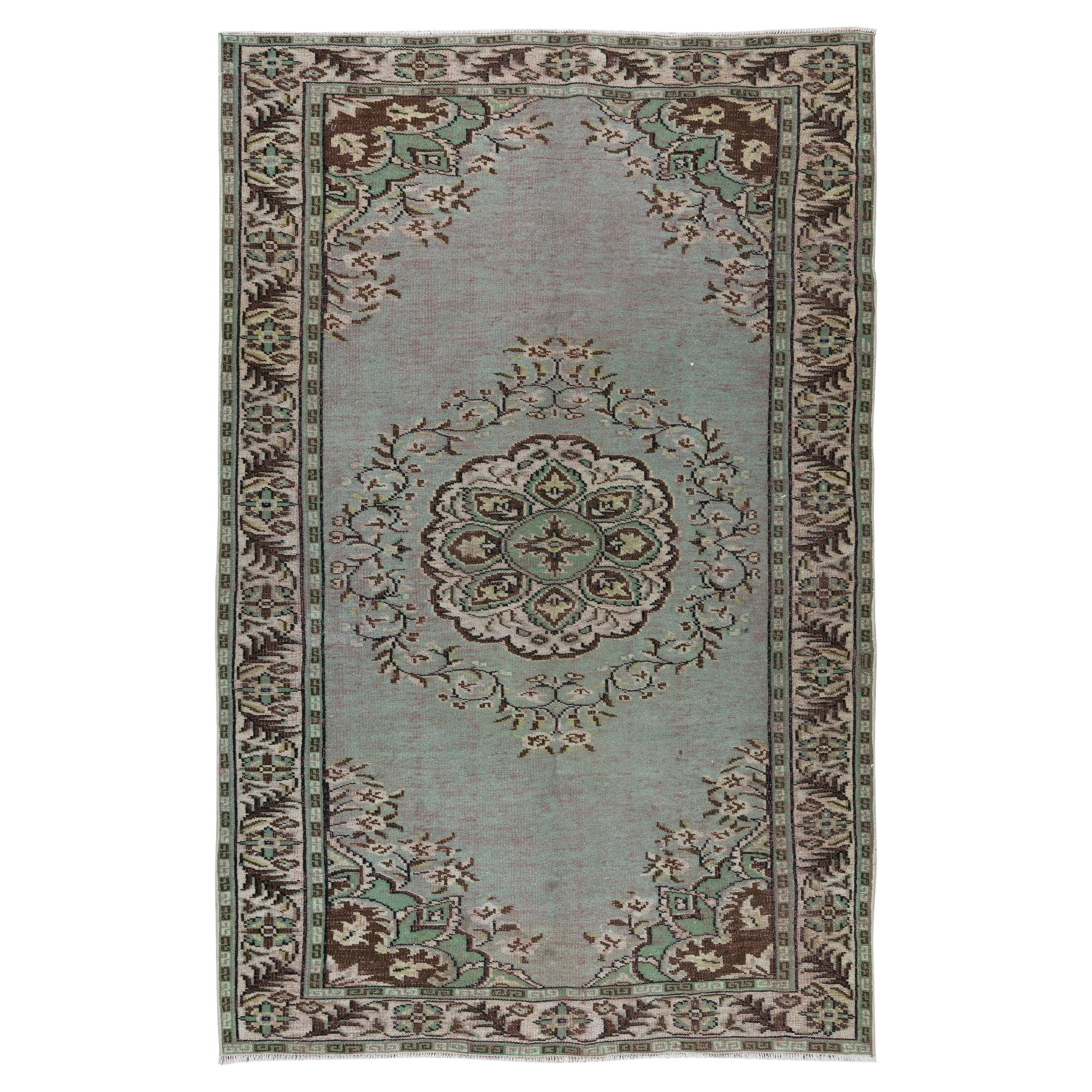 5.8x9 Ft Light Green Re-Dyed Turkish Hand Knotted Rug for Living Room For Sale
