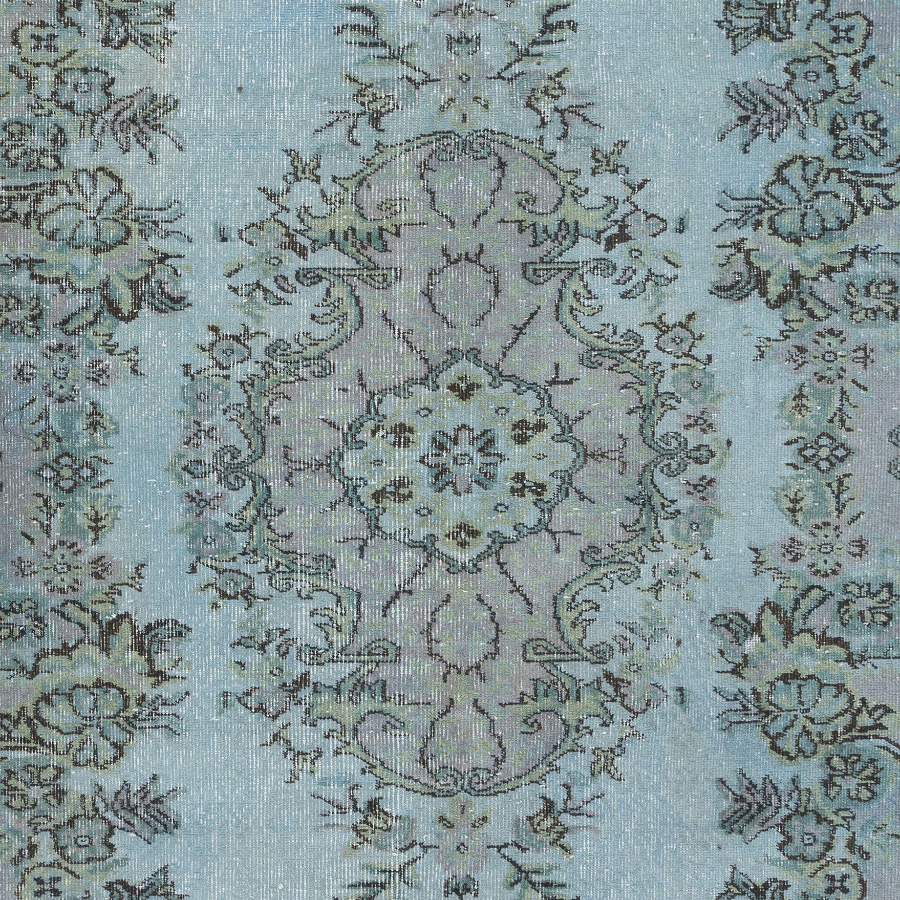 Modern 5.8x9 Ft Contemporary Handmade Turkish Area Rug in Baby Blue, Soft Pink & Black For Sale