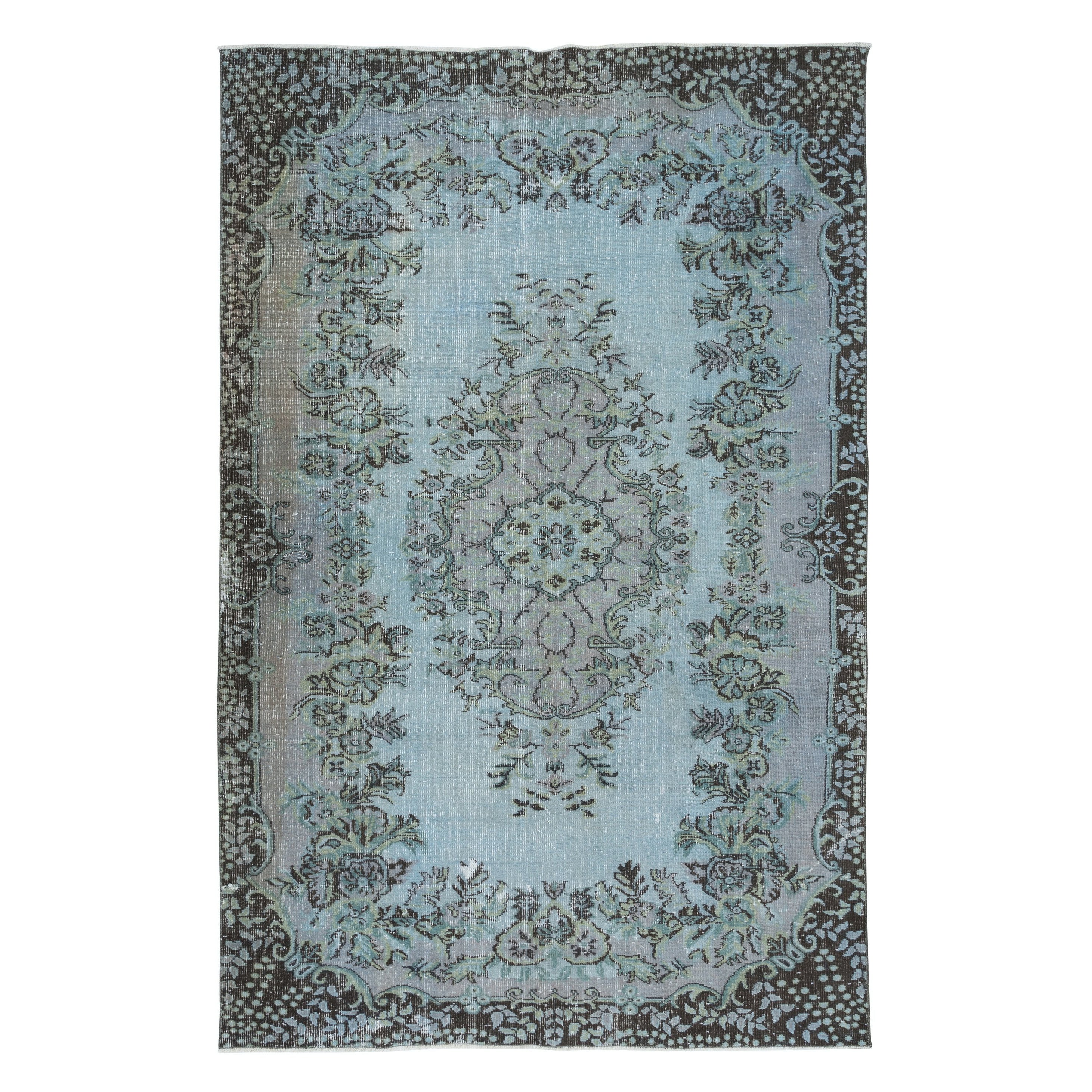 5.8x9 Ft Contemporary Handmade Turkish Area Rug in Baby Blue, Soft Pink & Black