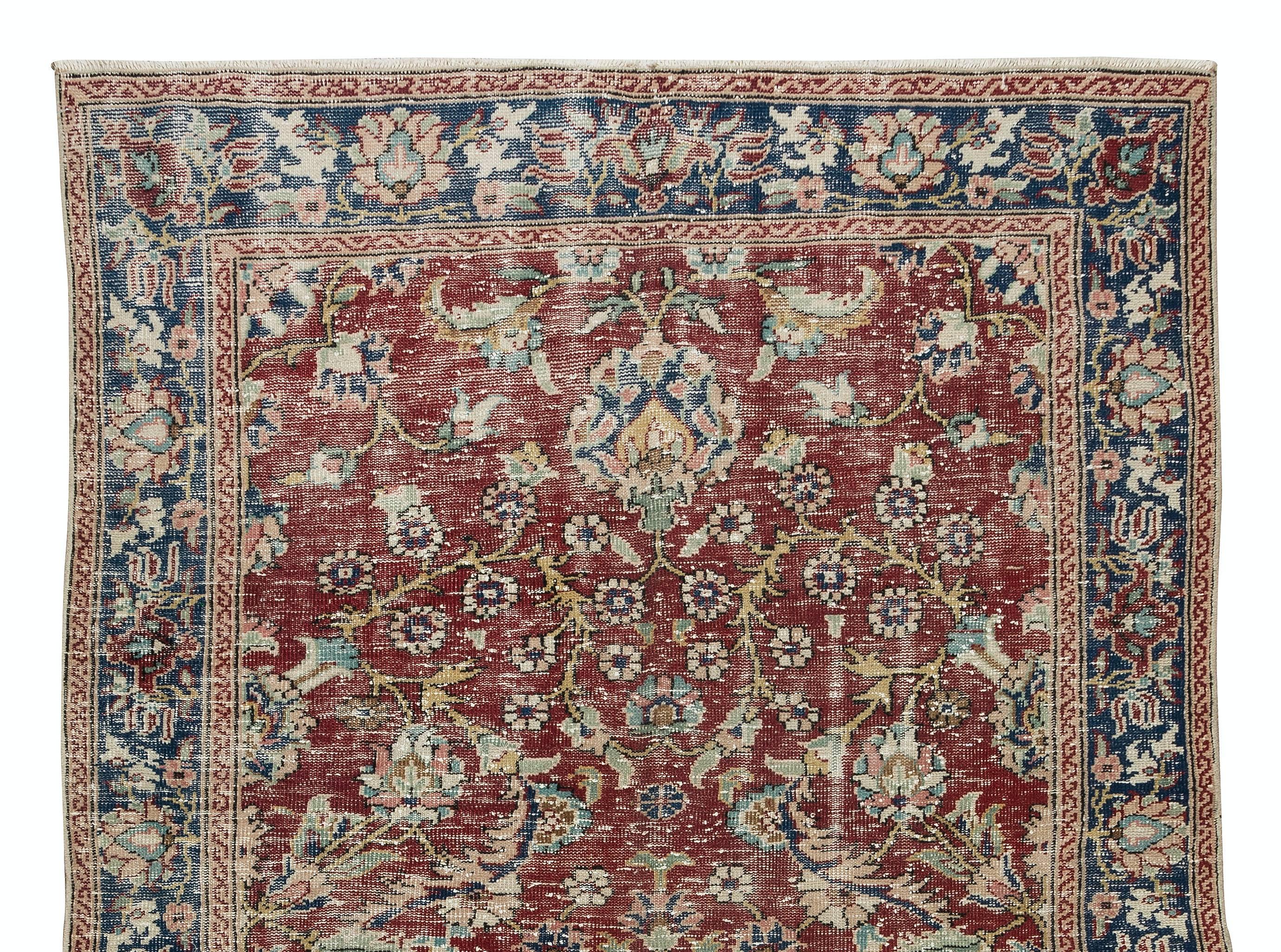 Turkish Flower Pattern Vintage Hand Knotted Central Anatolian Wool Area Rug For Sale