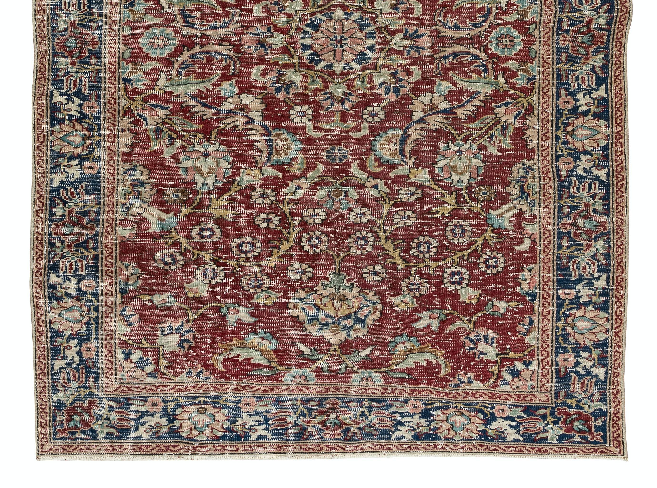 Hand-Woven Flower Pattern Vintage Hand Knotted Central Anatolian Wool Area Rug For Sale
