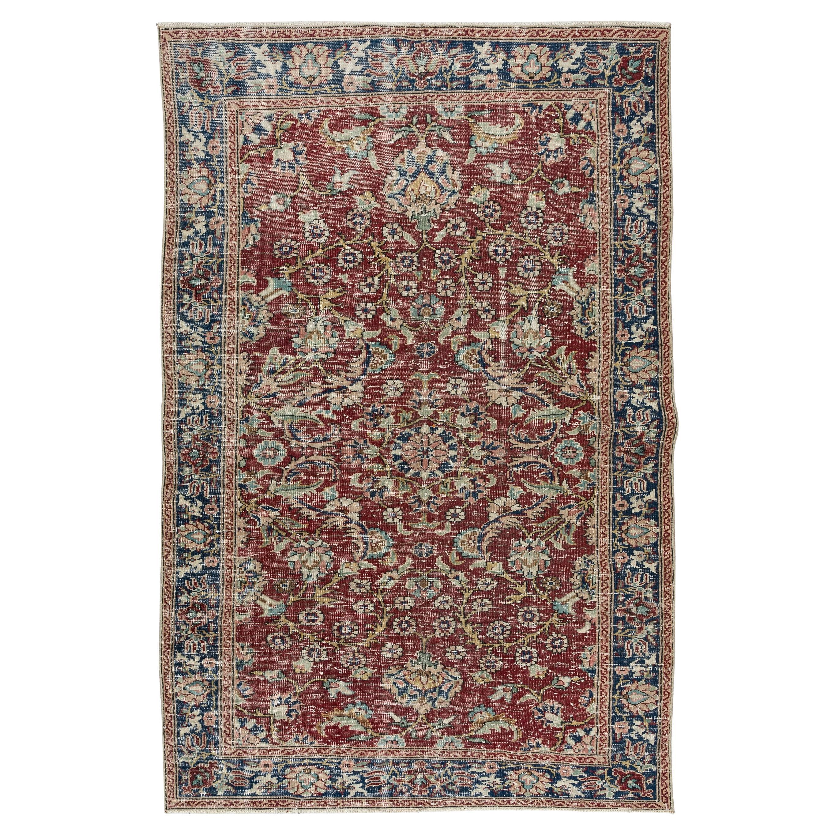 Flower Pattern Vintage Hand Knotted Central Anatolian Wool Area Rug For Sale