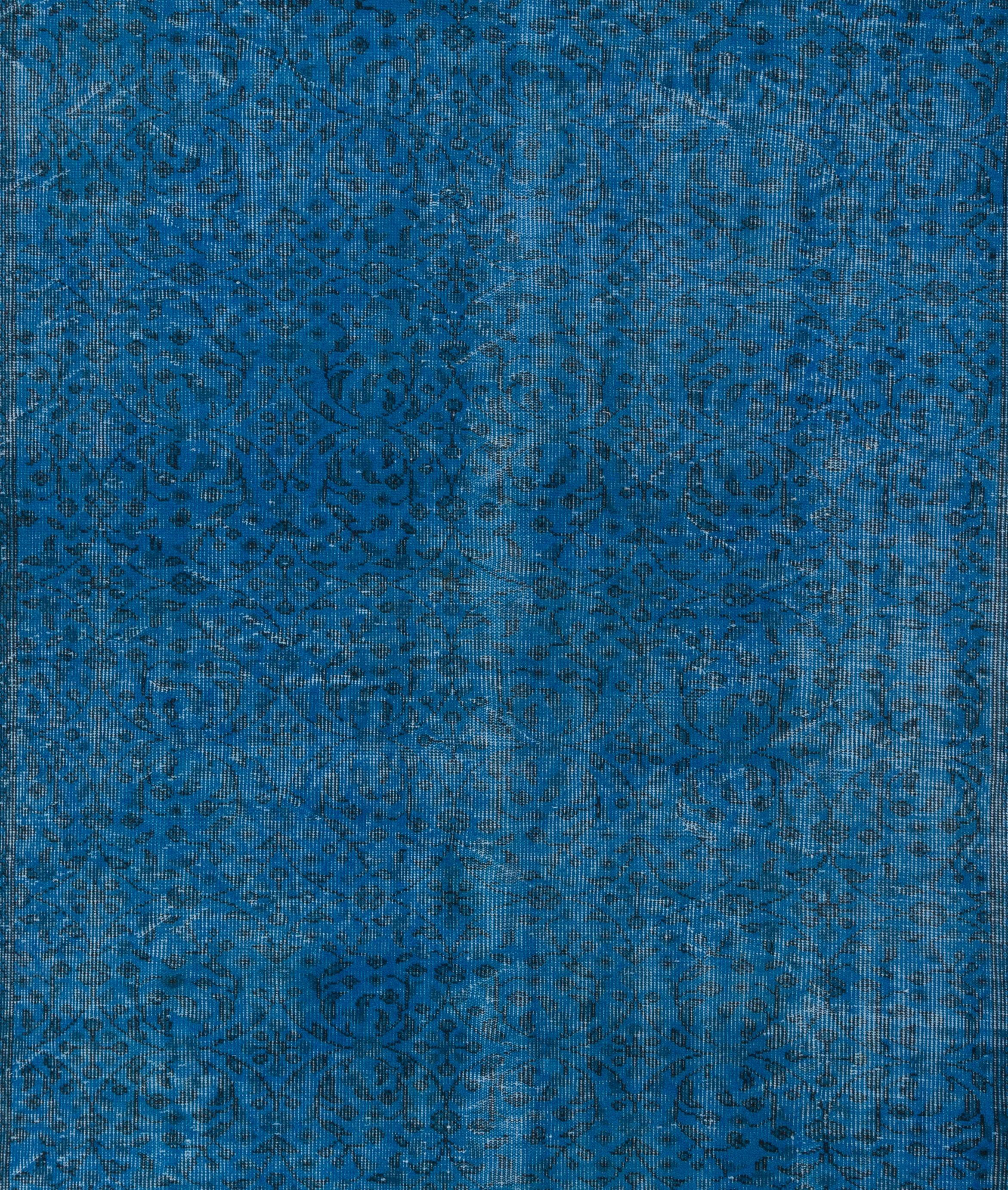 Hand-Woven 6x9 Ft Vintage Turkish Rug ReDyed in Blue Color. Great 4 Contemporary Interiors