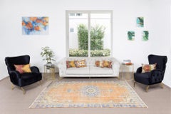 Hand Knotted Vintage Turkish Wool Area Rug with Medallion Design