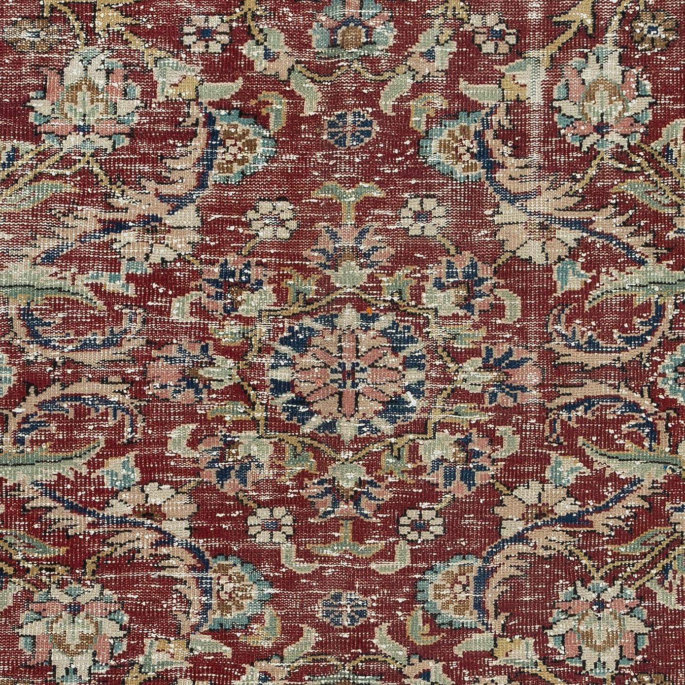 Hand-Woven 5.8x9 ft Handmade Turkish Rug with Flower Design, Traditional Carpet in Red For Sale