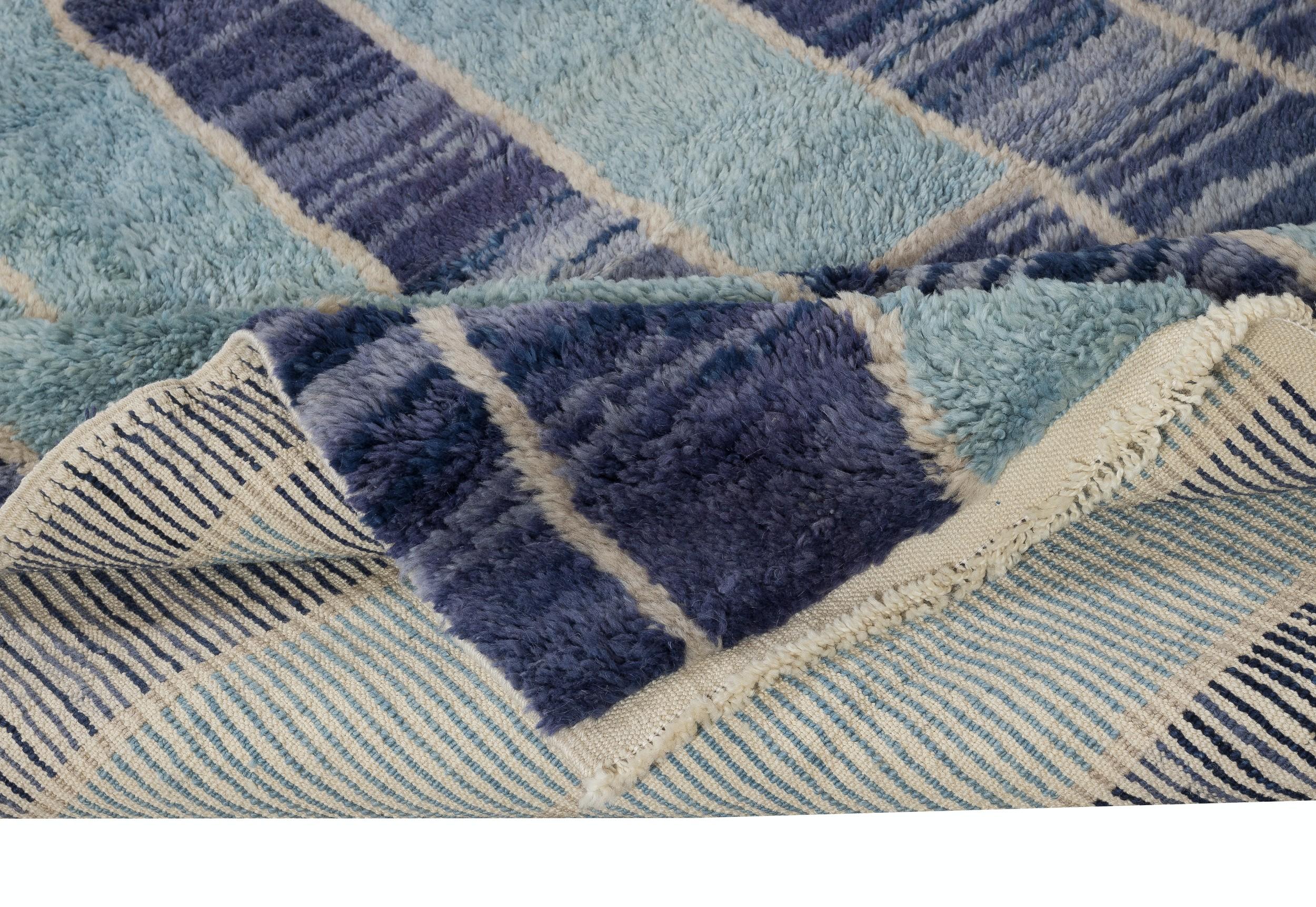 Turkish 5.8x9 Ft New Handmade Tulu Rug in Blue Tones. All Wool. Custom Options Available For Sale