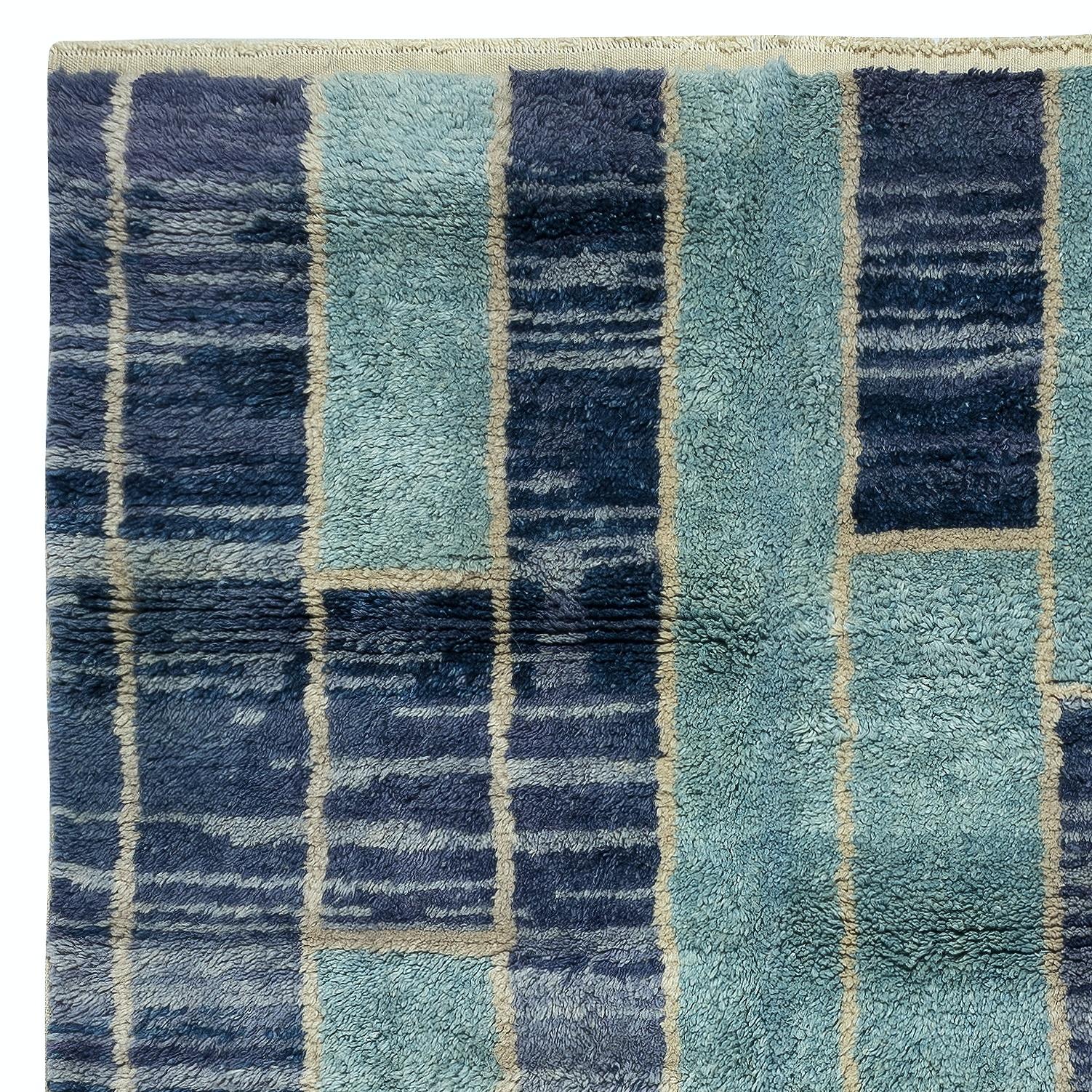 Hand-Knotted 5.8x9 Ft New Handmade Tulu Rug in Blue Tones. All Wool. Custom Options Available For Sale