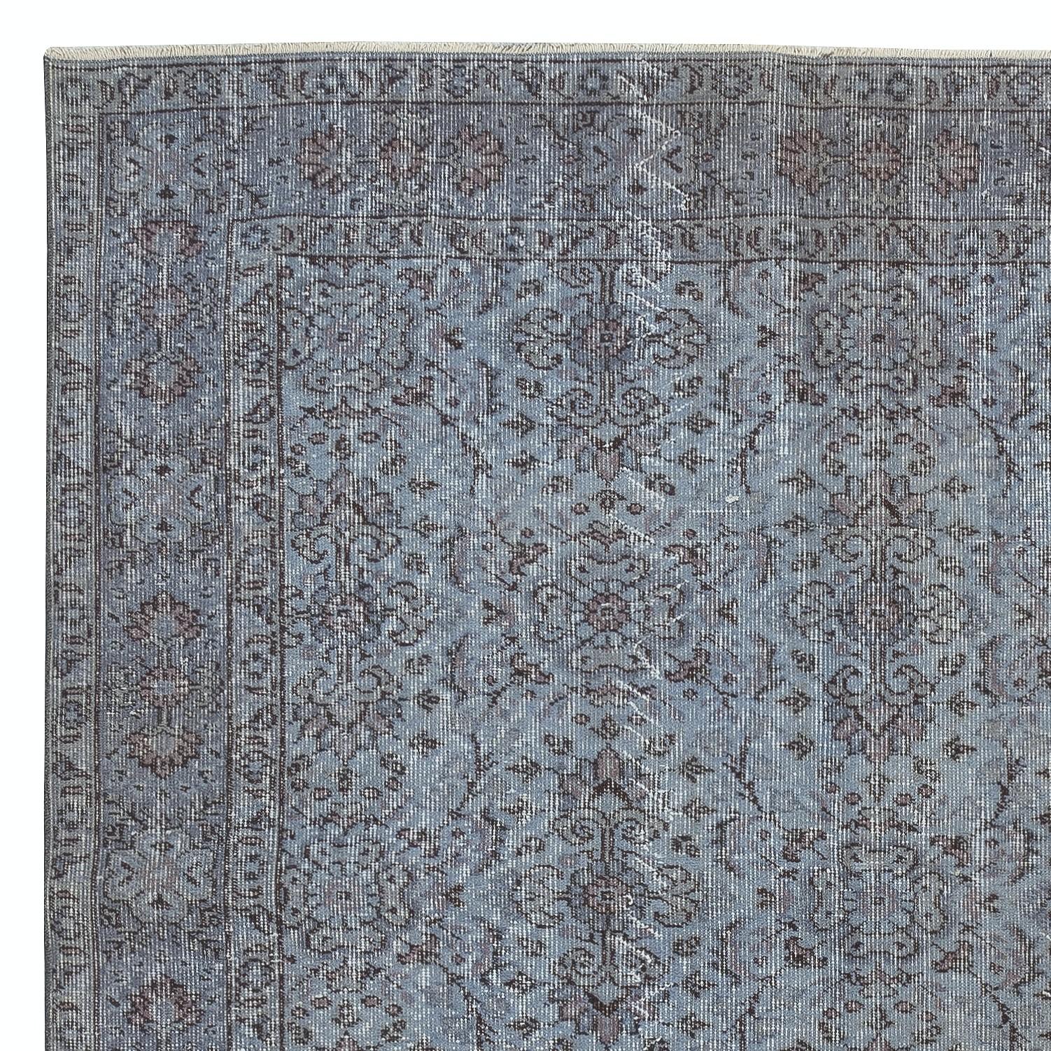 Turc 5.8x9 Ft Vintage Turkish Area Rug redyed in Blue Color for modern interiors en vente