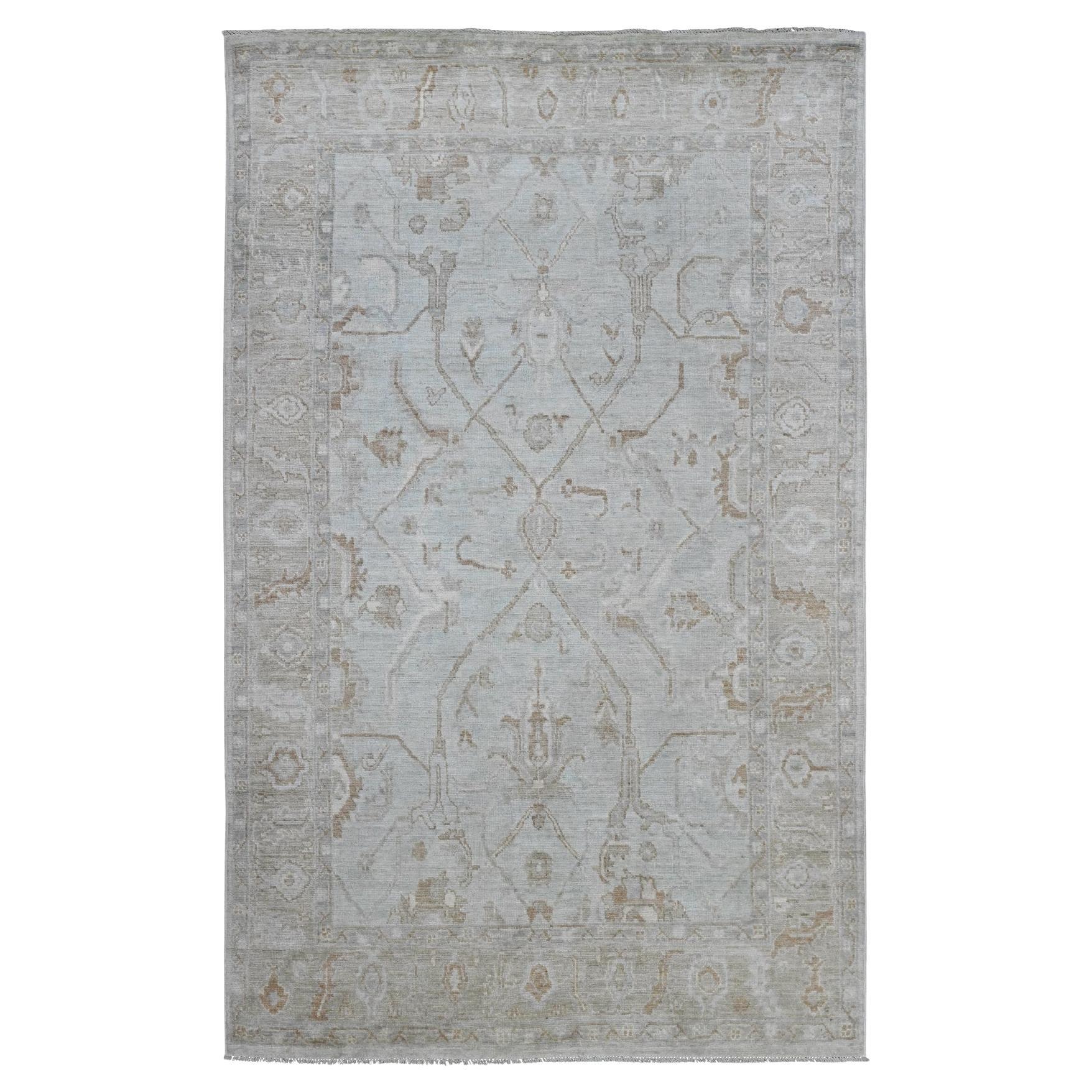 5'8"x9'2" Frost White Afghan Angora Oushak Vines Design Hand Knotted Wool Rug