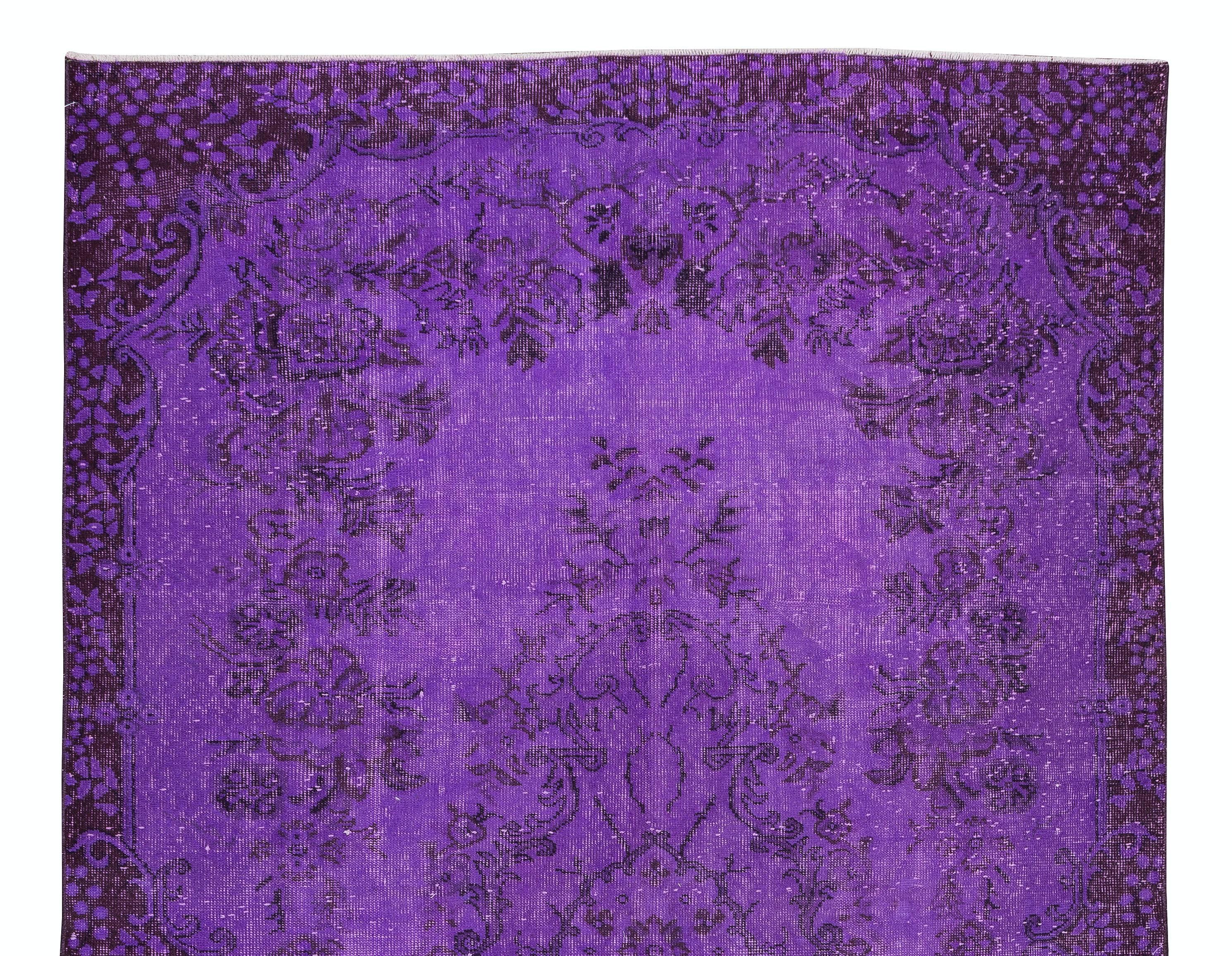 Hand-Knotted 5.8x9.2 Ft Contemporary Handmade Turkish Vintage Wool Area Rug ReDyed in Purple For Sale