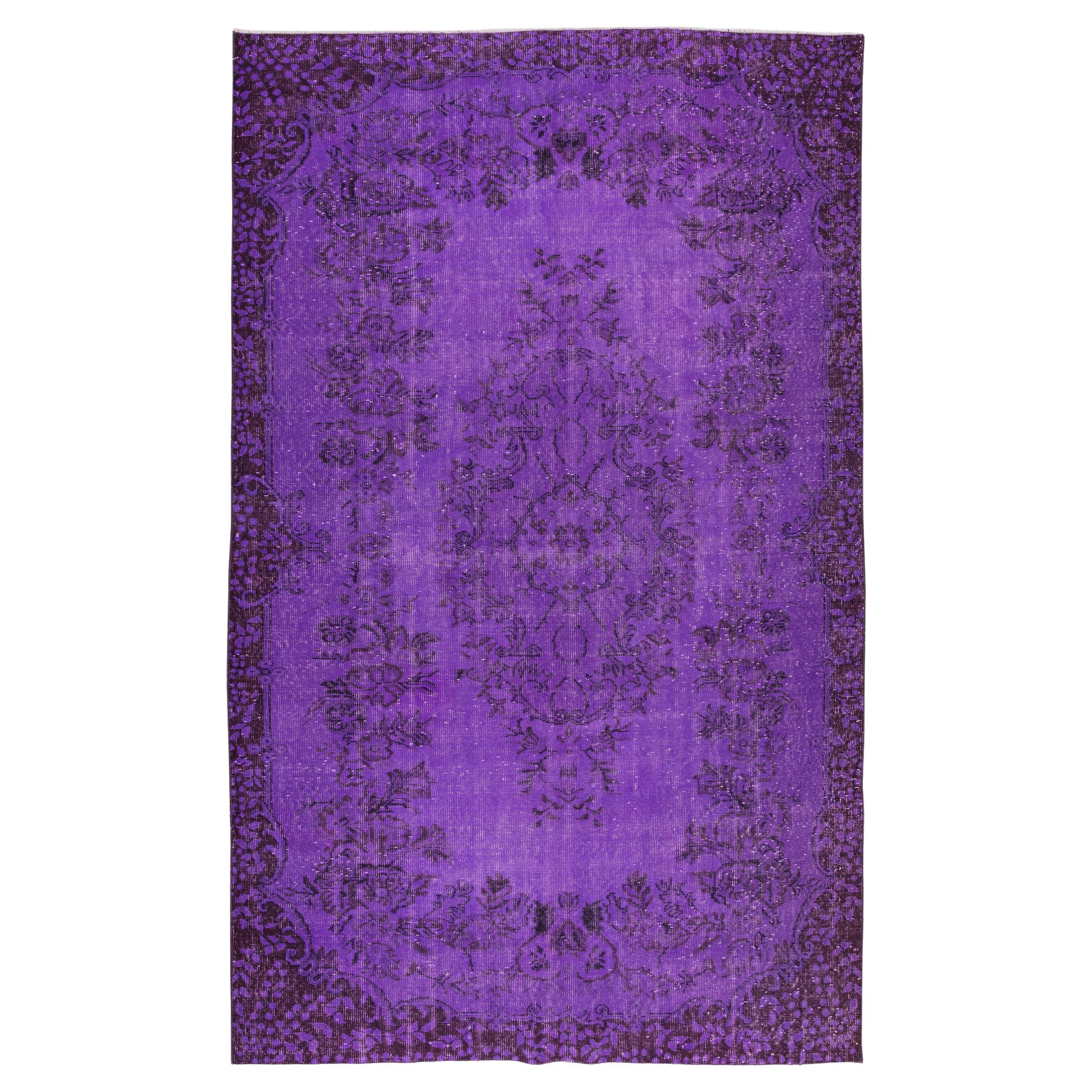 5.8x9.2 Ft Contemporary Handmade Turkish Vintage Wool Area Rug ReDyed in Purple For Sale