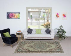 5.8x9.2 Ft Unique Handmade Turkish Area Rug, Green Modern Wool Carpet