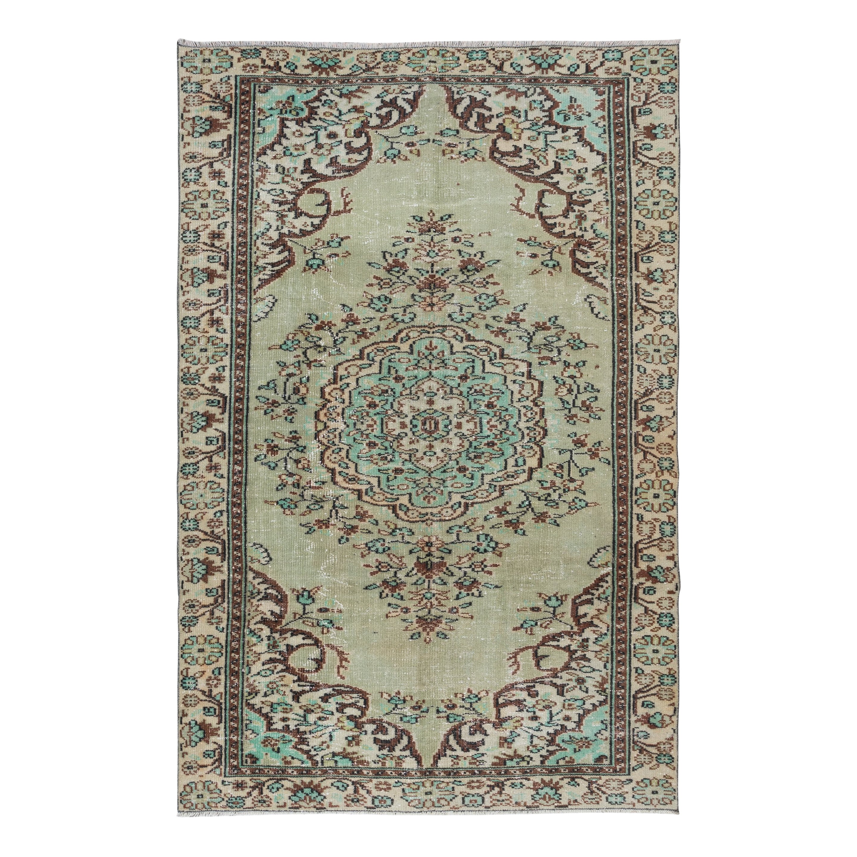 5.8x9.2 Ft Einzigartiger handgefertigter türkischer Teppich, grüner moderner Wollteppich