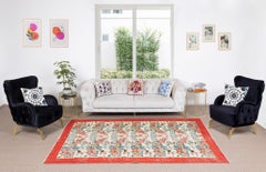 5.8x9.3 Ft Handmade Floral Pattern Anatolian Area Rug with Red Border