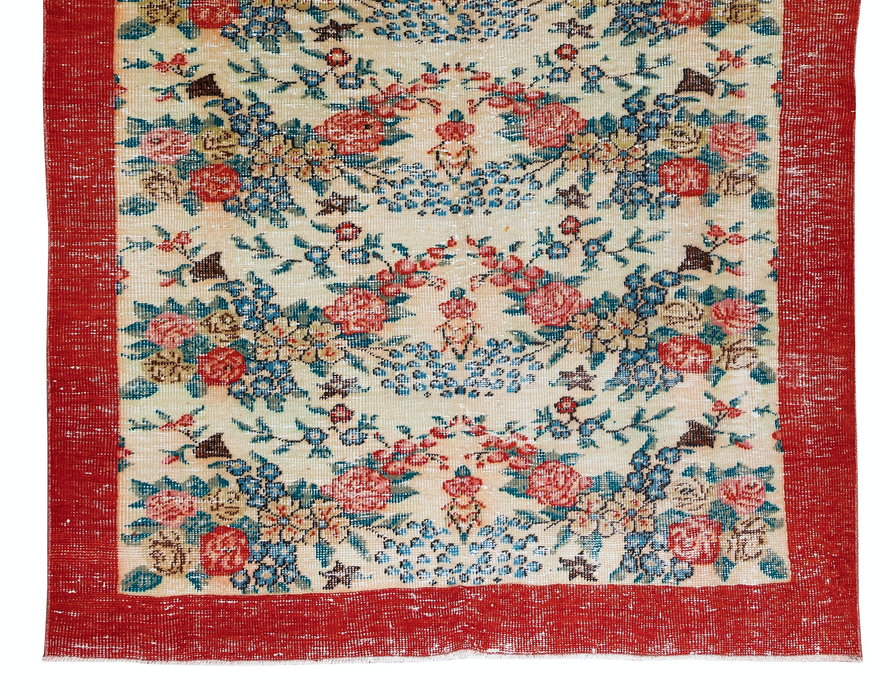 Hand-Knotted 5.8x9.3 Ft Handmade Floral Pattern Anatolian Area Rug with Red Border For Sale