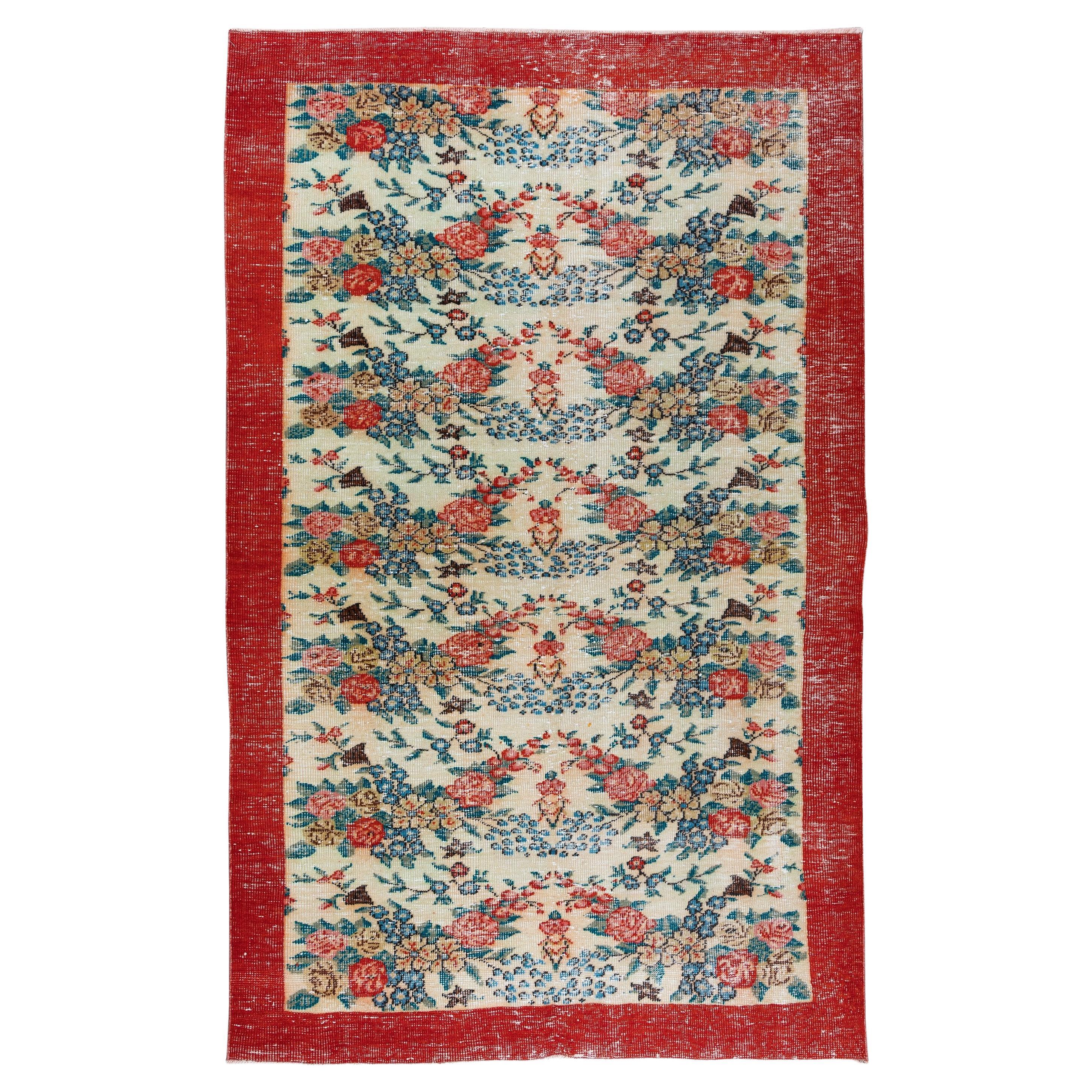 5.8x9.3 Ft Handmade Floral Pattern Anatolian Area Rug with Red Border