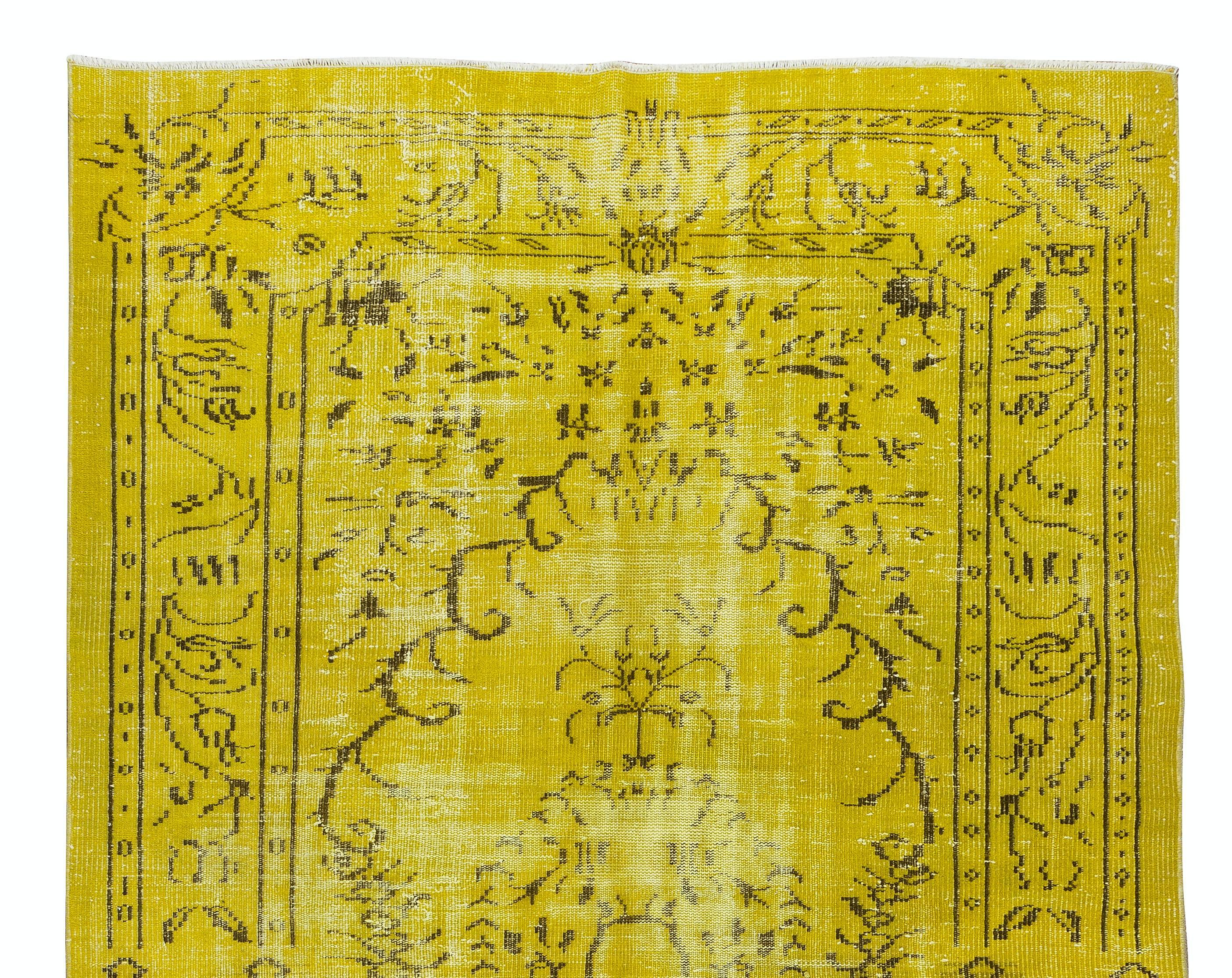 Turkish Hand Knotted Yellow Overdyed Wool Rug, Vintage Carpet from Turkey For Sale