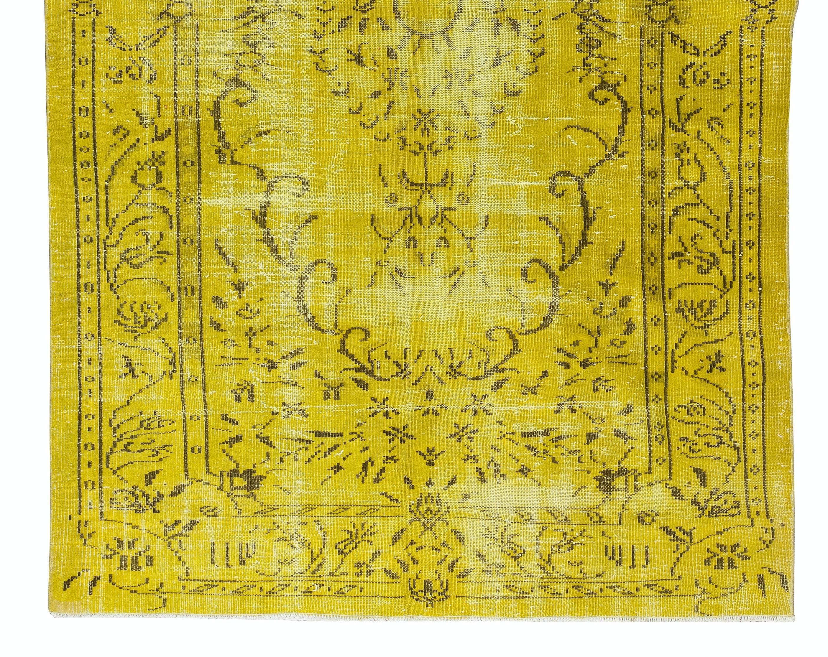 Hand-Knotted Hand Knotted Yellow Overdyed Wool Rug, Vintage Carpet from Turkey For Sale