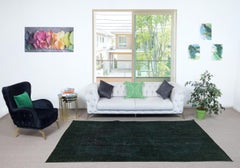 5.8x9.4 Ft Hand-Knotted Turkish Wool Area Rug Overdyed in Solid Dark Green Color