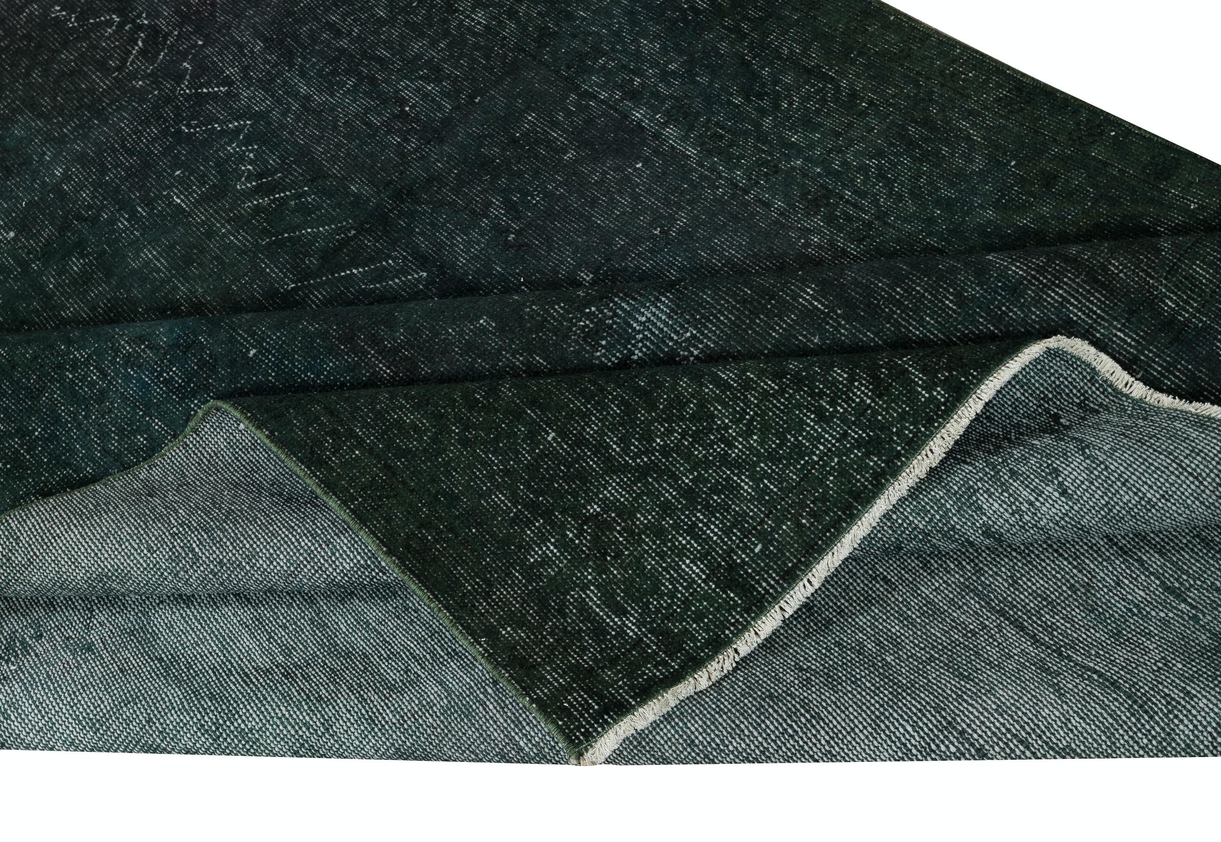 Modern 5.8x9.4 Ft Hand-Knotted Turkish Wool Area Rug Overdyed in Solid Dark Green Color For Sale