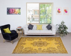 5.8x9.5 Ft Vintage Handmade Turkish Rug Overdyed in Yellow for Modern Interiors