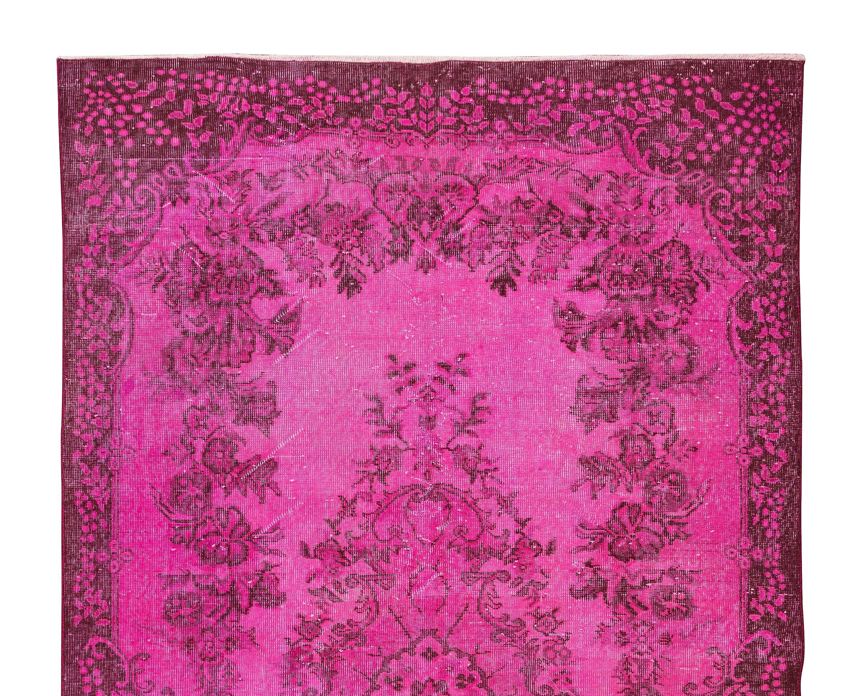 Hand-Knotted Handmade Floral Medallion Design Turkish Vintage Rug OverDyed in Pink For Sale