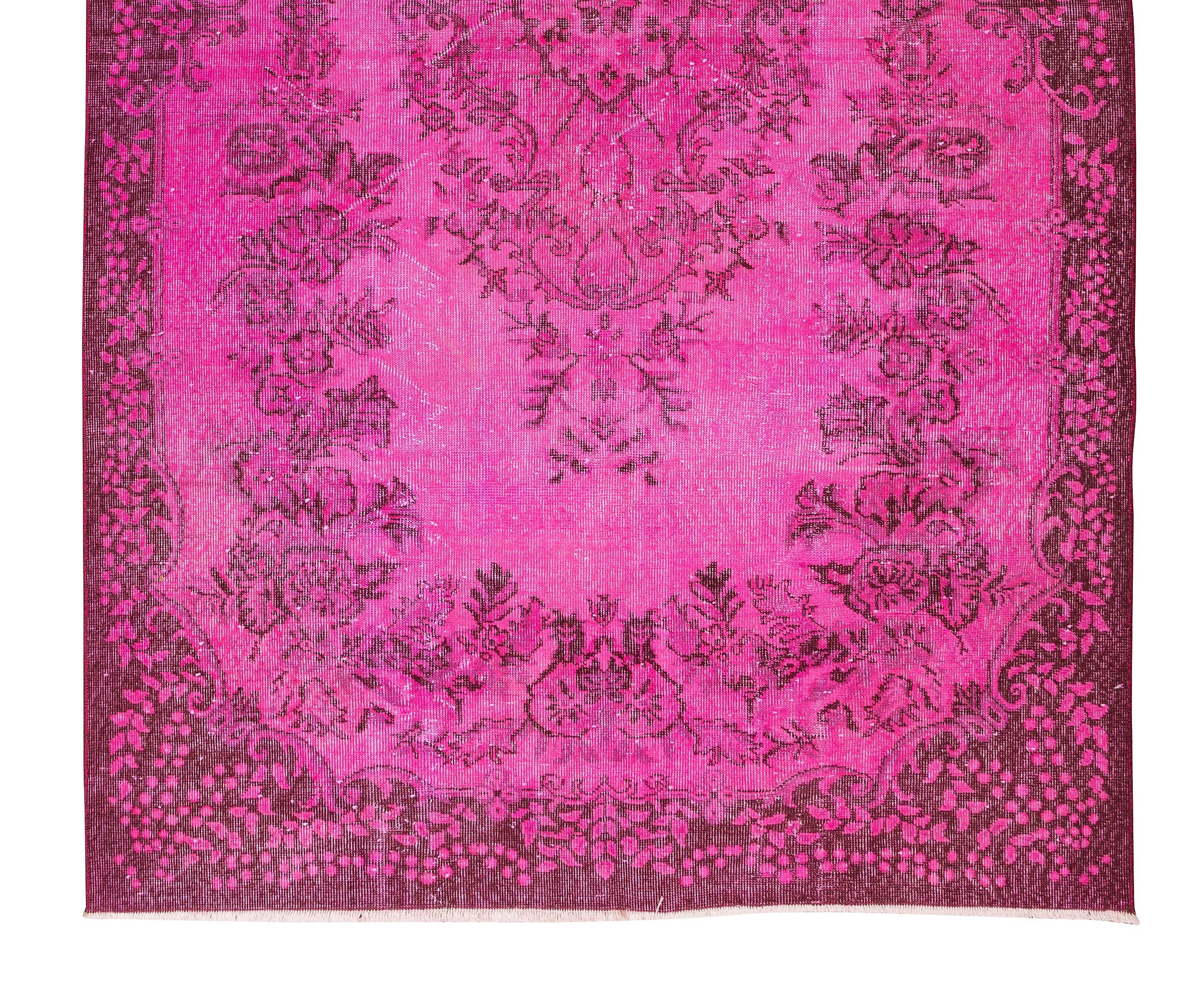Handmade Floral Medallion Design Turkish Vintage Rug OverDyed in Pink In Good Condition For Sale In Philadelphia, PA