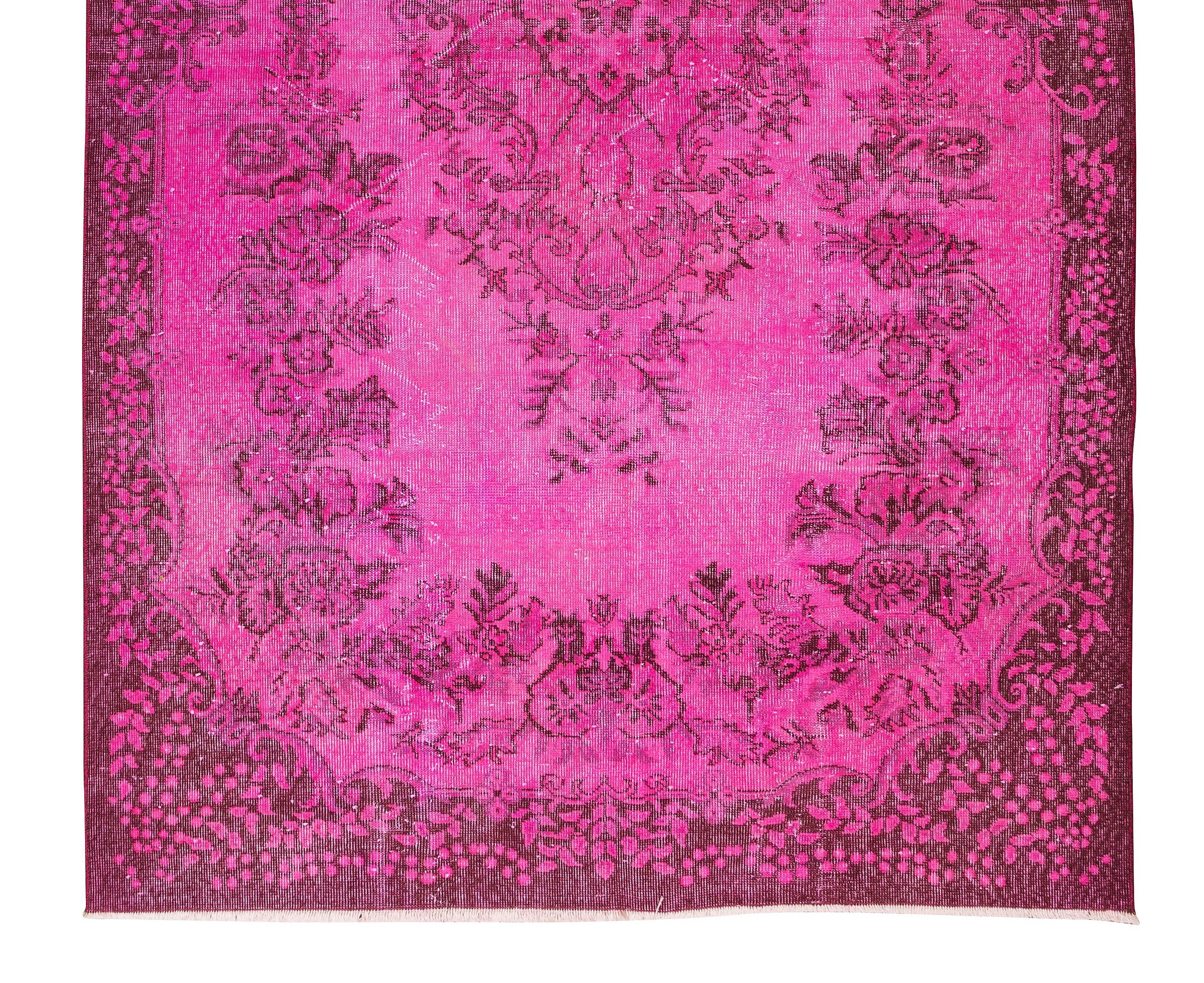 Handmade Floral Medallion Design Turkish Vintage Rug OverDyed in Pink In Good Condition For Sale In Spring Valley, NY