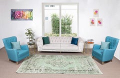 5.8x9.9 Ft Green Over-Dyed Floor Rug, Hand Knotted Turkish Vintage Wool Carpet