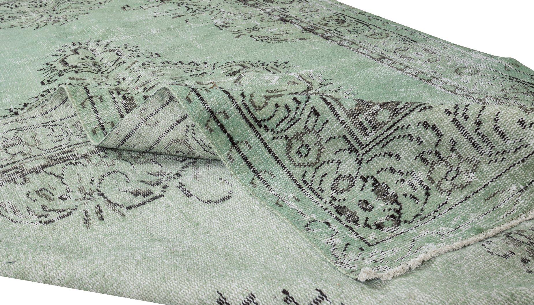 Modern 5.8x9.9 Ft Green Over-Dyed Floor Rug, Hand Knotted Turkish Vintage Wool Carpet For Sale