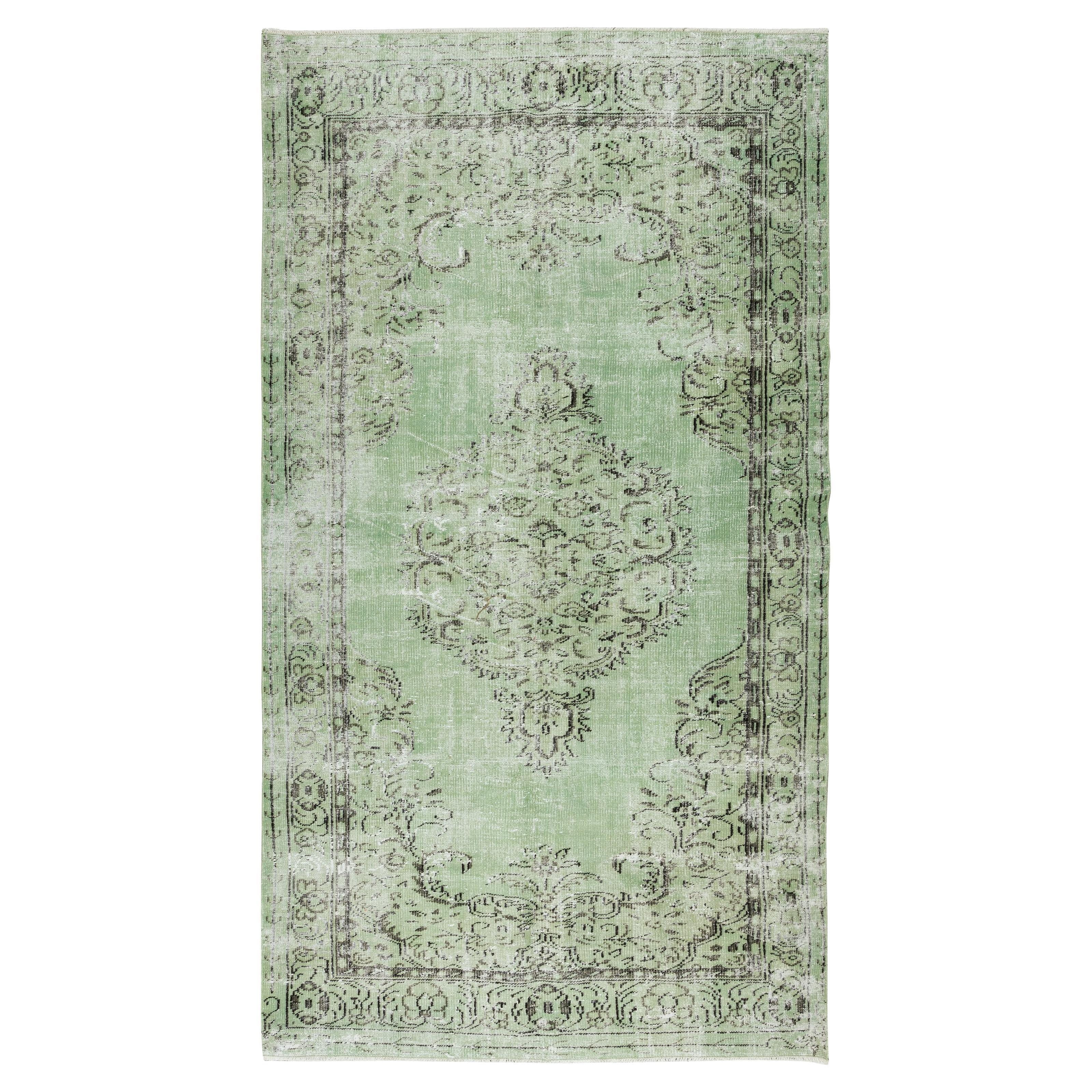 5.8x9.9 Ft Green Over-Dyed Floor Rug, Hand Knotted Turkish Vintage Wool Carpet For Sale